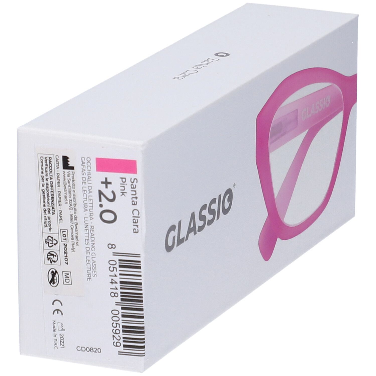 Astuccio occhiali con occhiali rosa. Scritta GLASSio. Occhiali rosa, +2,0. Informazioni prodotto.
