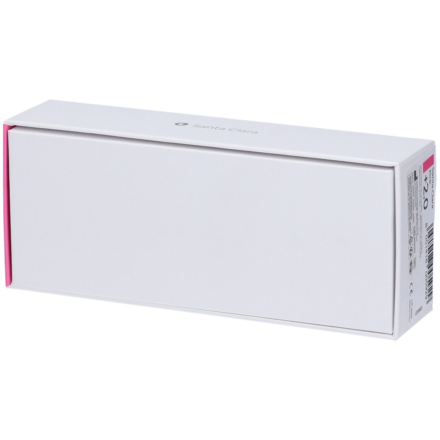 Astuccio occhiali bianco con accento rosa. Scritta +2,0. Informazioni prodotto sul lato.