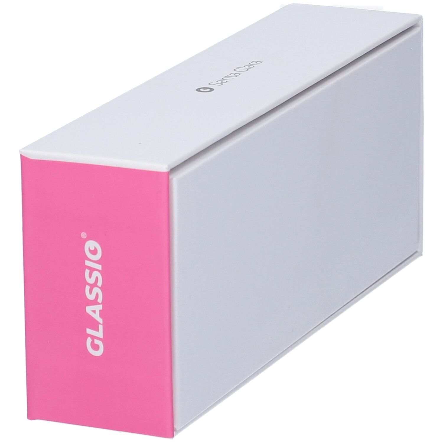 Astuccio occhiali bianco con accento rosa. Scritta GLASSio. Accento rosa con informazioni prodotto.