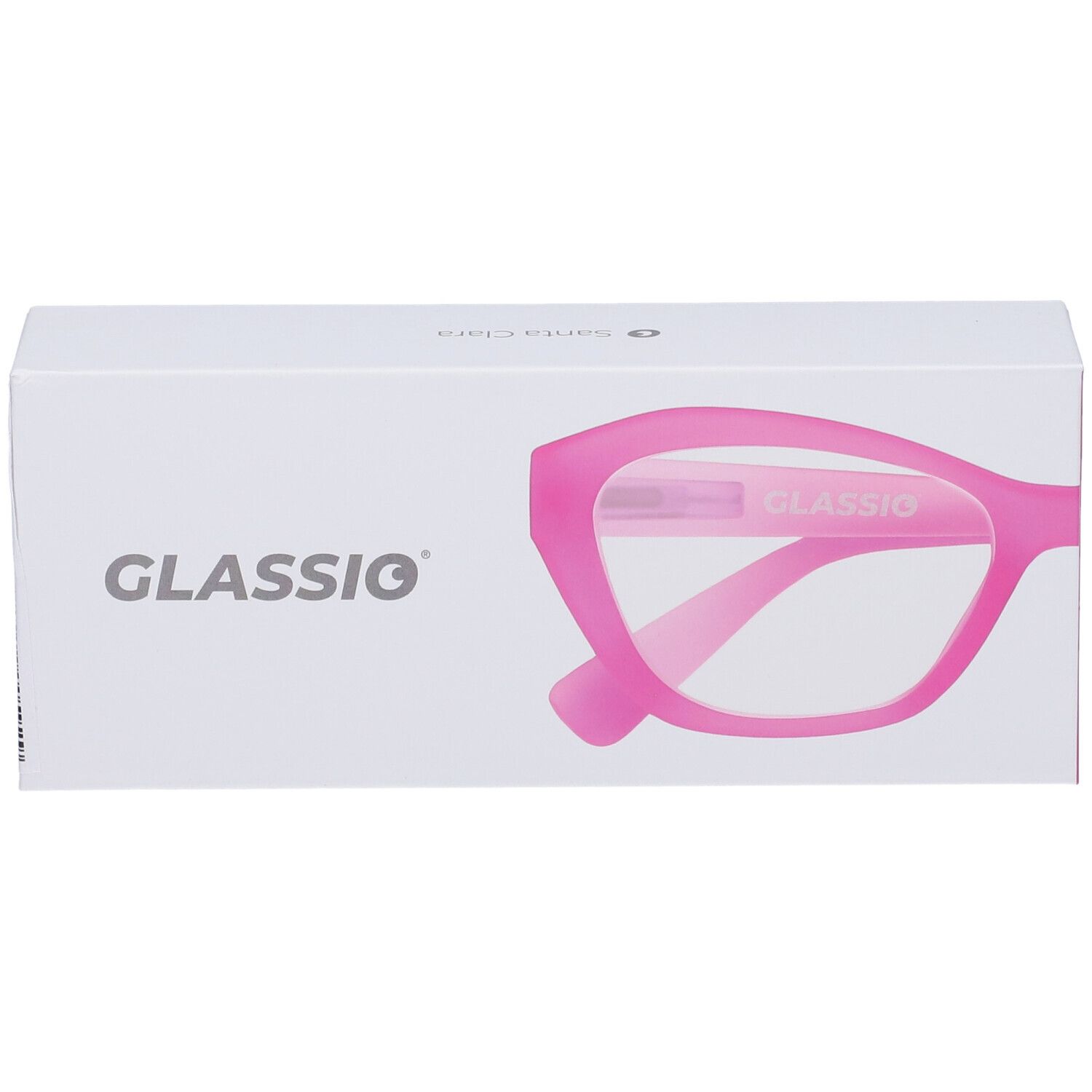 Astuccio occhiali con occhiali rosa. Scritta GLASSio. Occhiali rosa, gradazione +2,0.