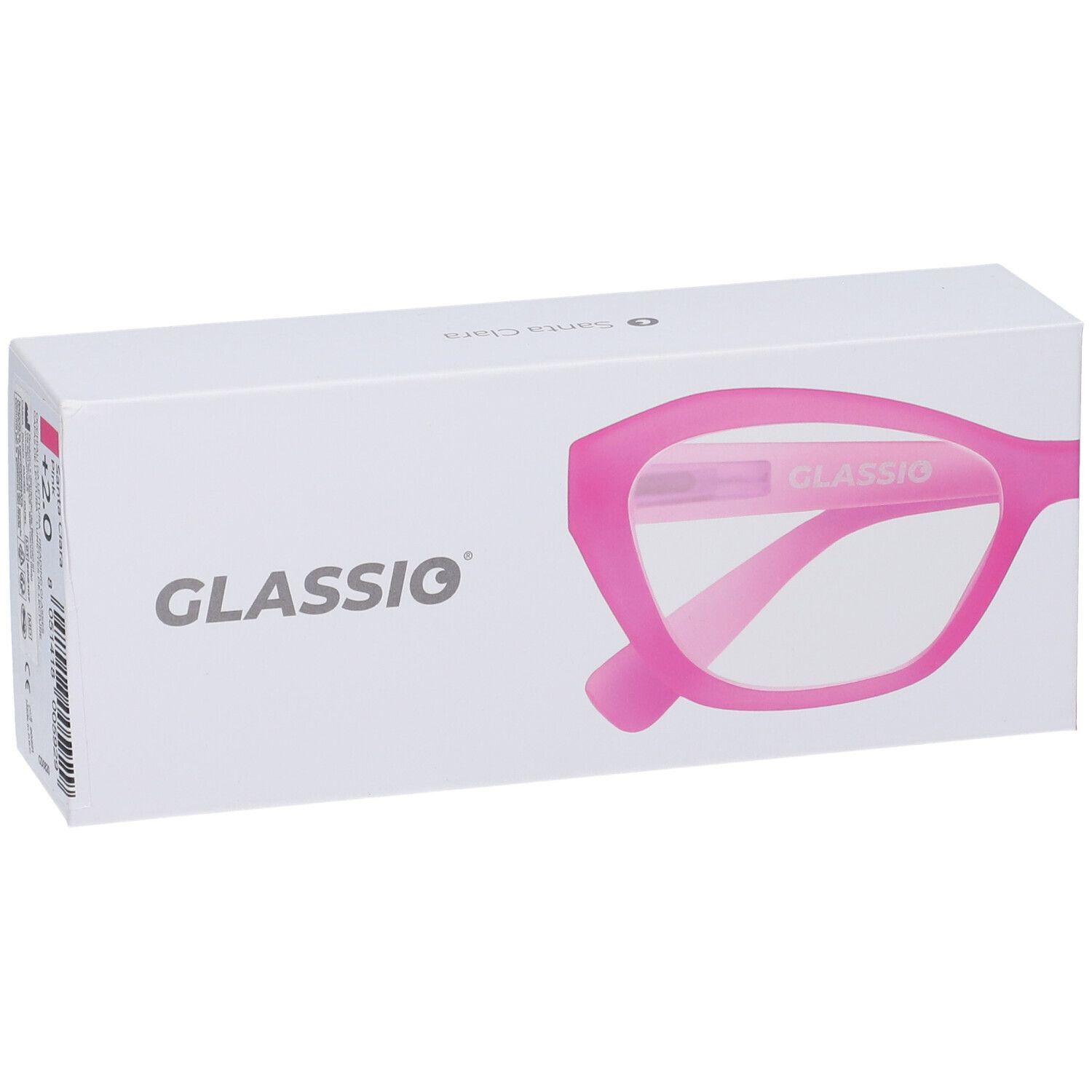 Astuccio occhiali con occhiali rosa. Scritta GLASSio. Occhiali rosa, gradazione +2,0.