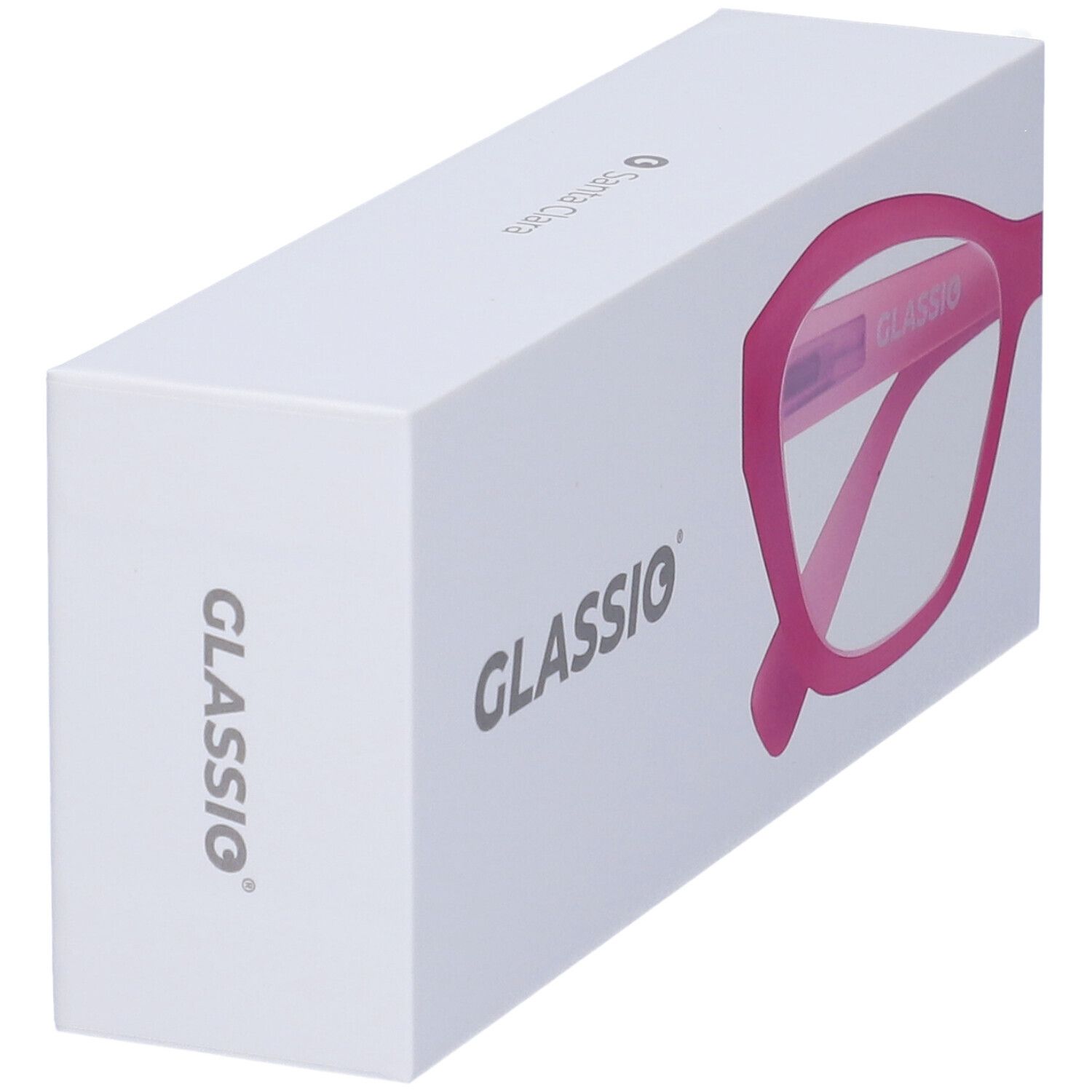 Confezione bianca con occhiali rosa. Visibile "GLASSio".