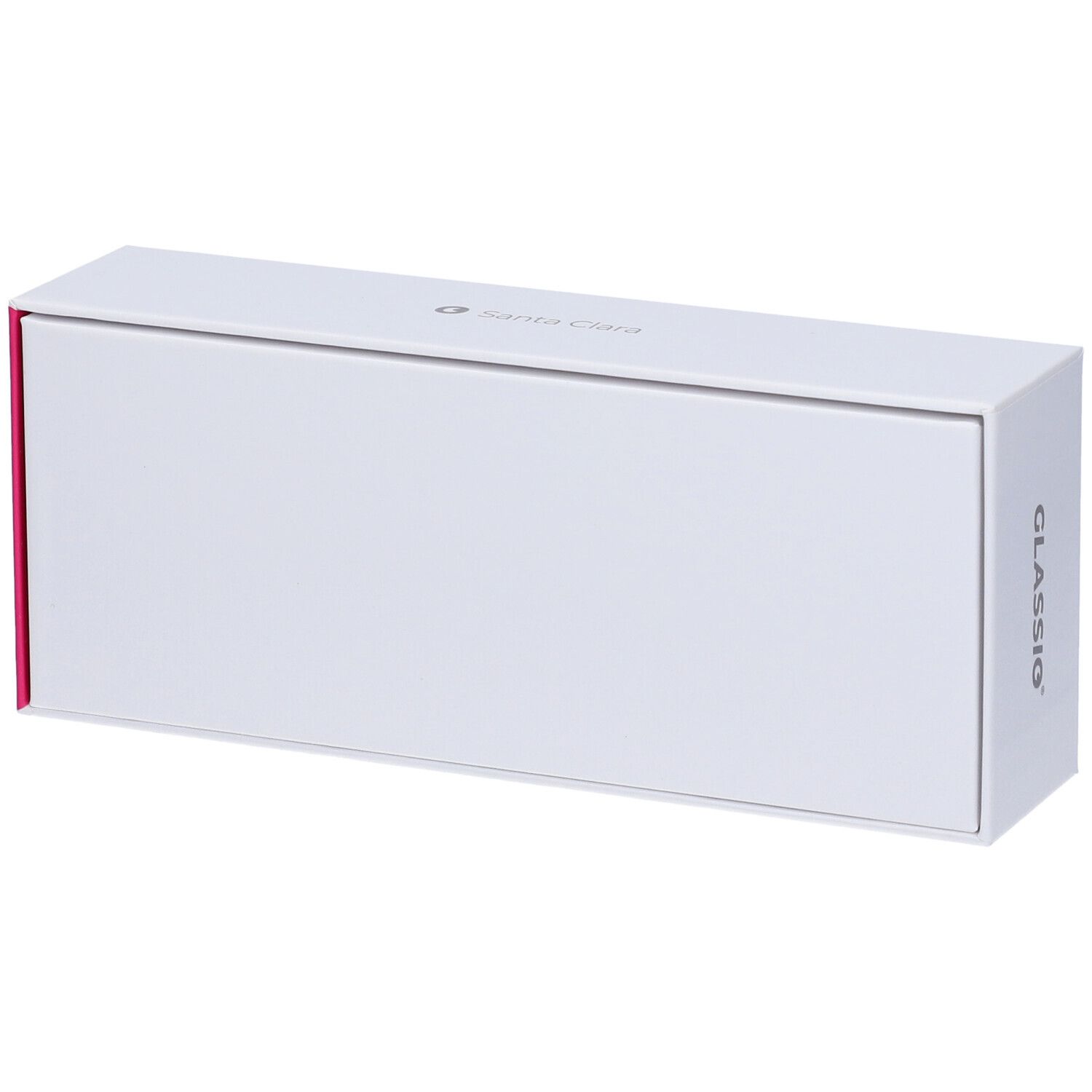 Confezione rettangolare bianca con accento rosa. Scritta "GLASSio".