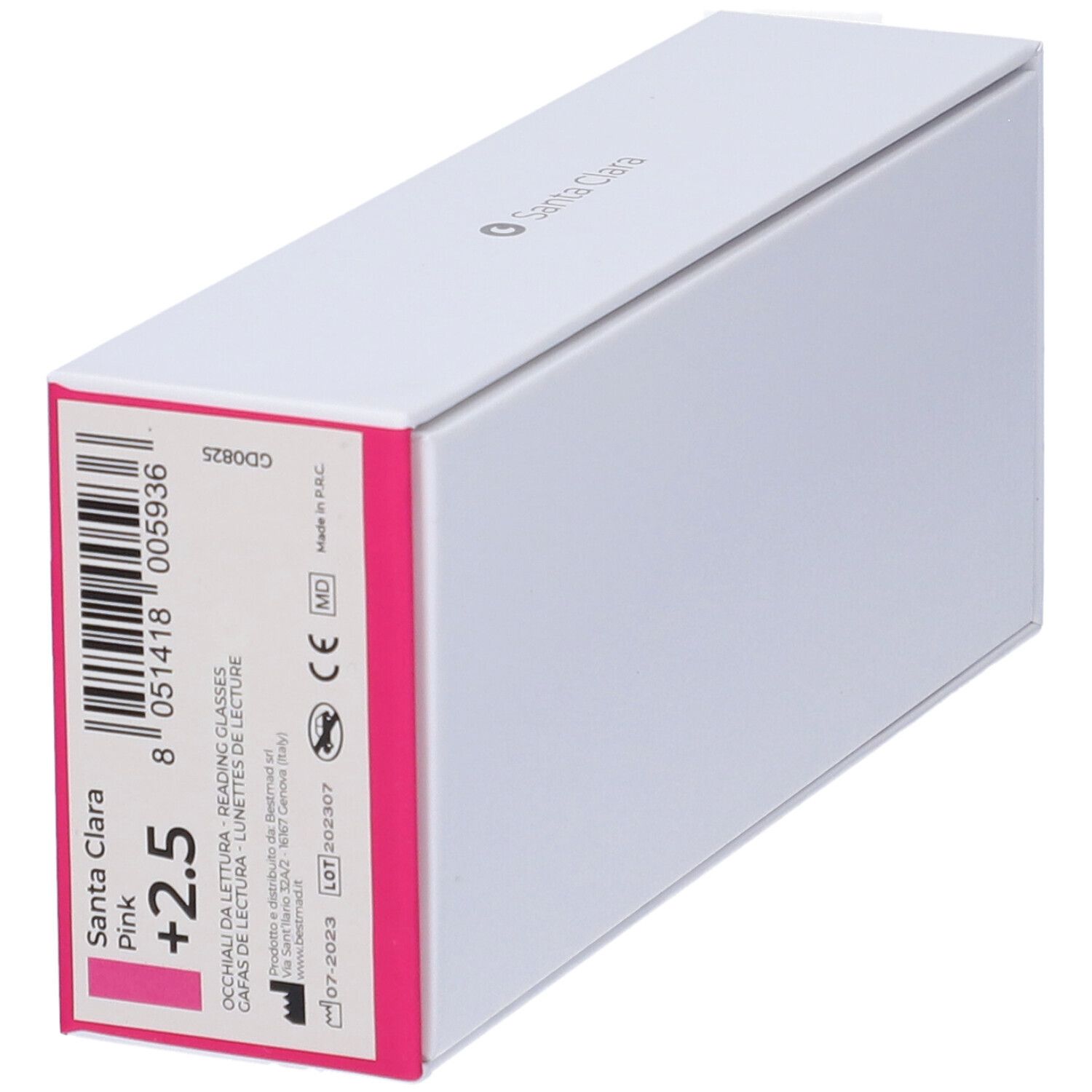 Confezione bianca con accento rosa. Visibili "Santa Clara" e "+2.5".