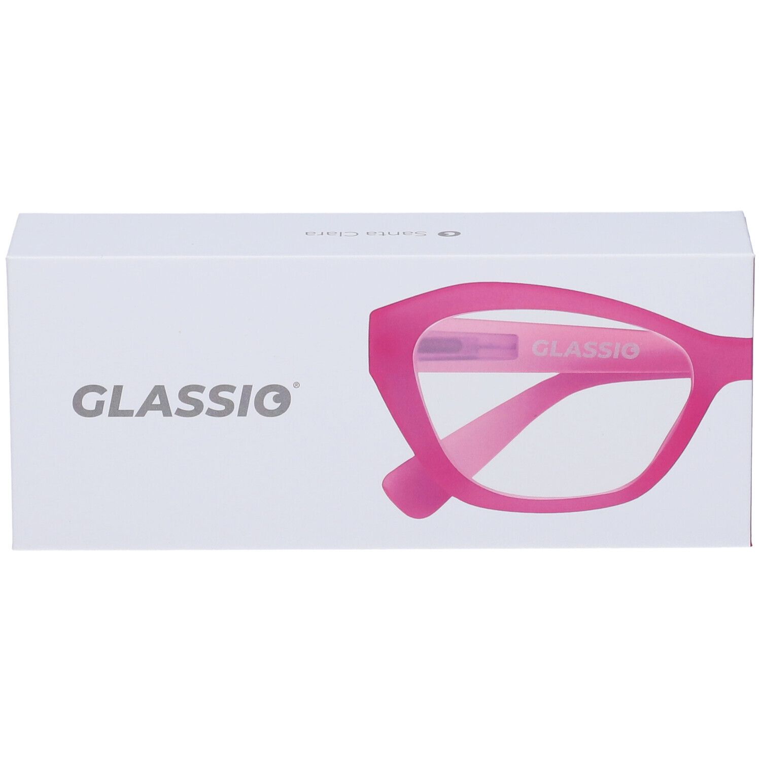 Confezione bianca con occhiali rosa. Visibile "GLASSio".