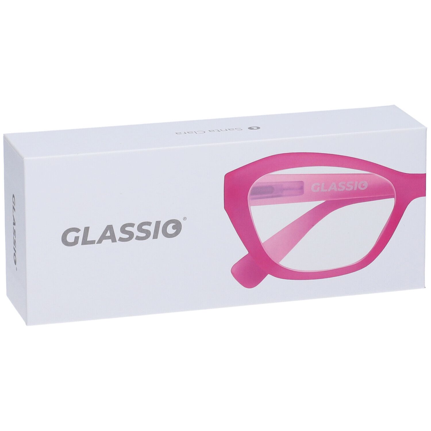 Confezione bianca con occhiali rosa. Visibile "GLASSio".