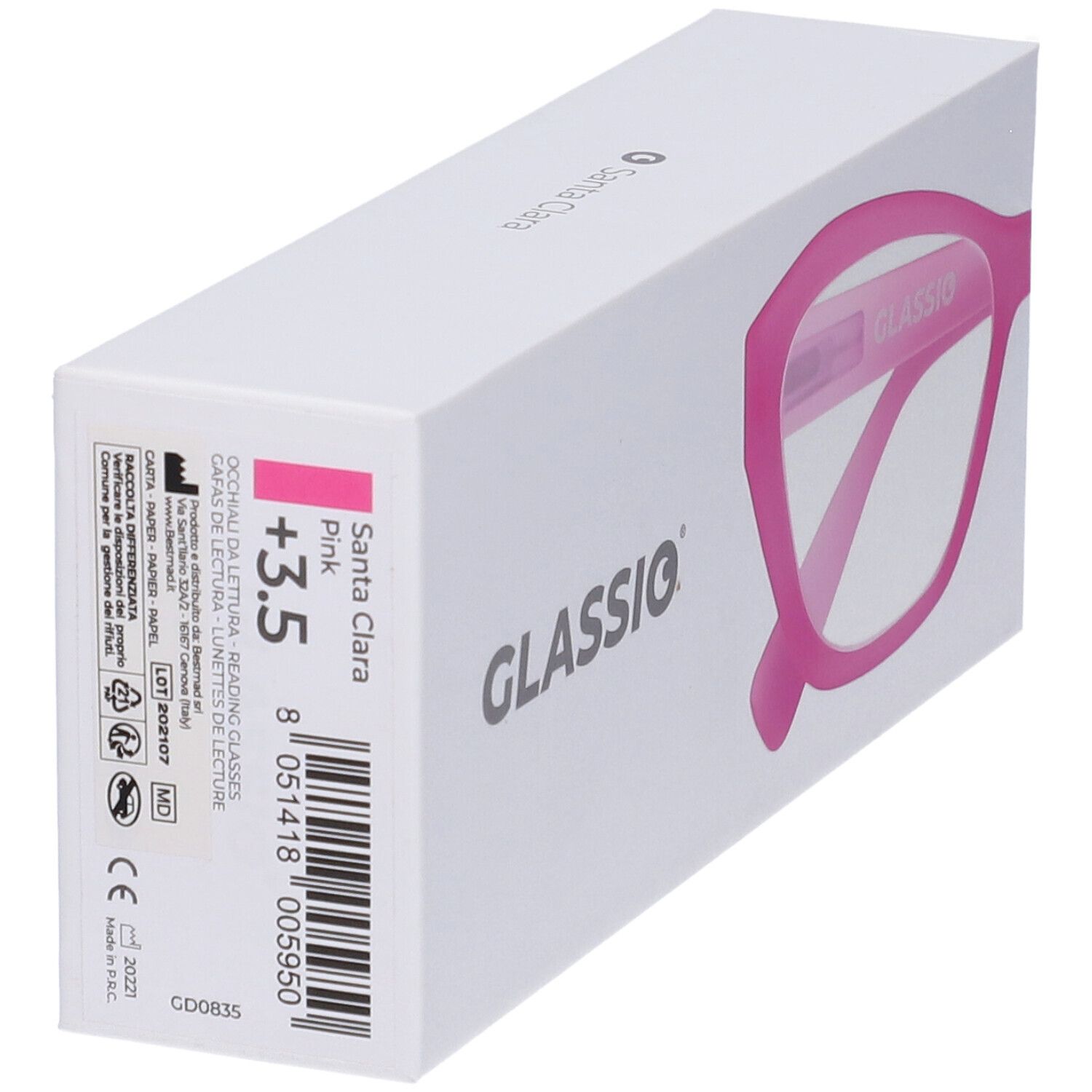 Astuccio per occhiali, occhiali rosa raffigurati. Testo: "+3.5", "Santa Clara", "GLASSio".