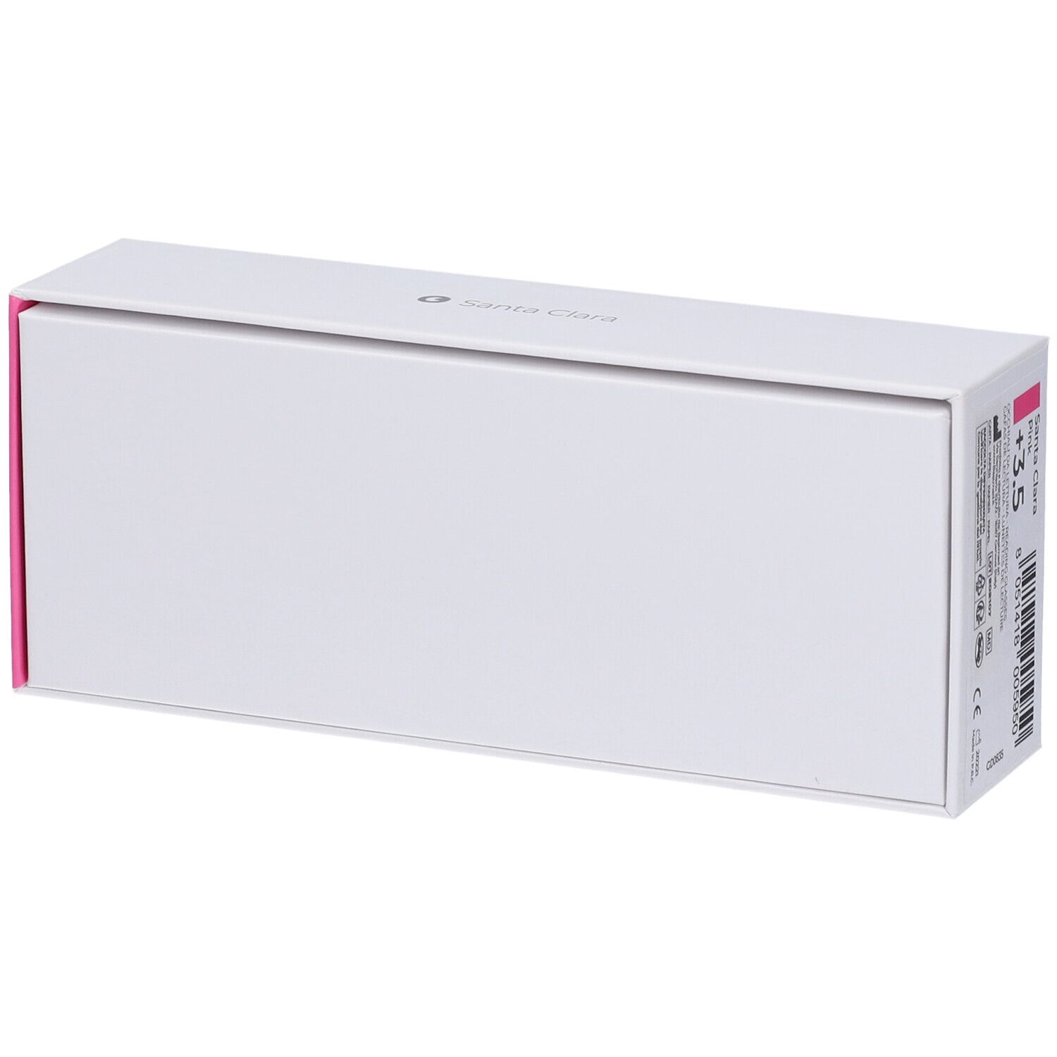 Astuccio per occhiali chiuso. Testo e accento rosa sul lato.