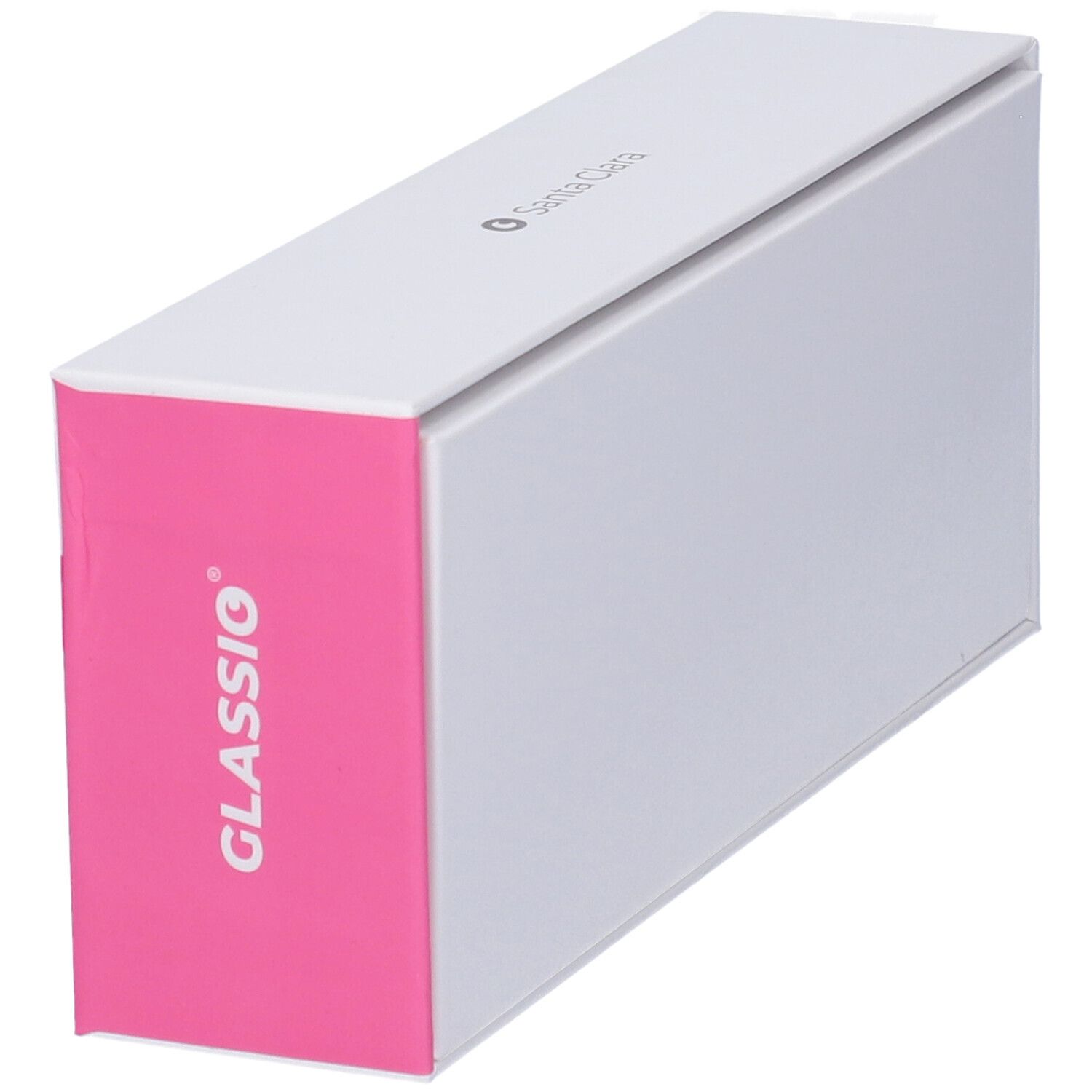 Astuccio per occhiali, lato rosa con logo "GLASSio".