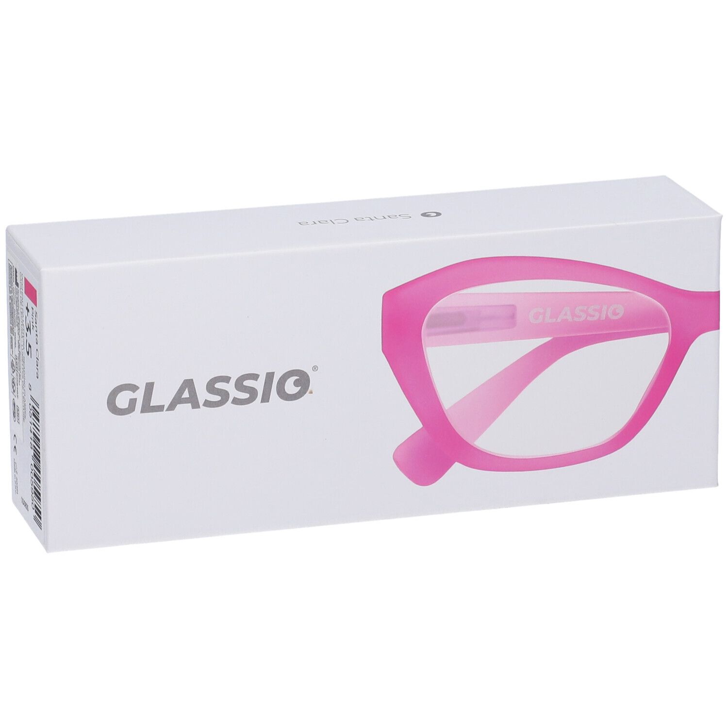 Astuccio per occhiali con occhiali rosa. Logo "GLASSio" e testo.