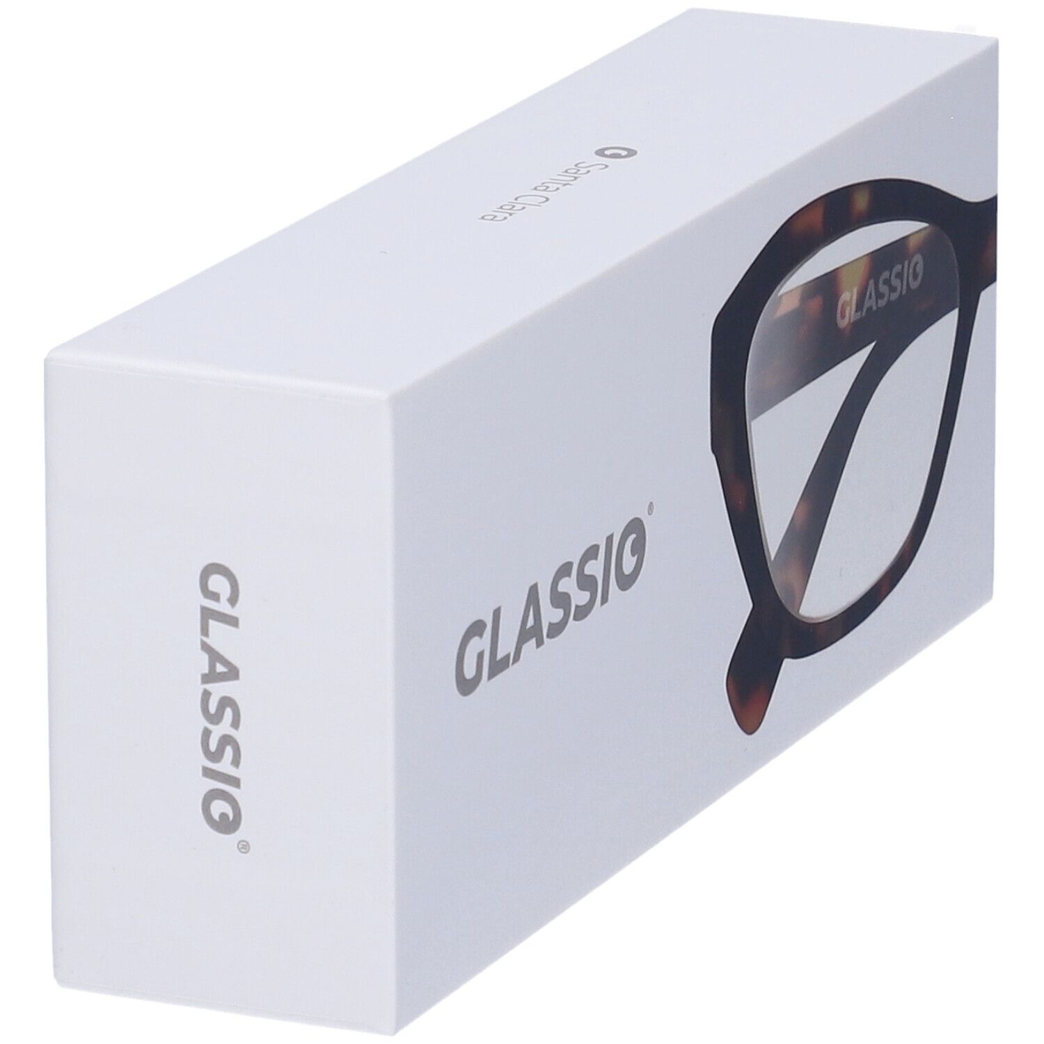 Astuccio bianco per occhiali con logo GLASSIO e immagine. Fantasia tartarugata. Scritta Santa Clara.