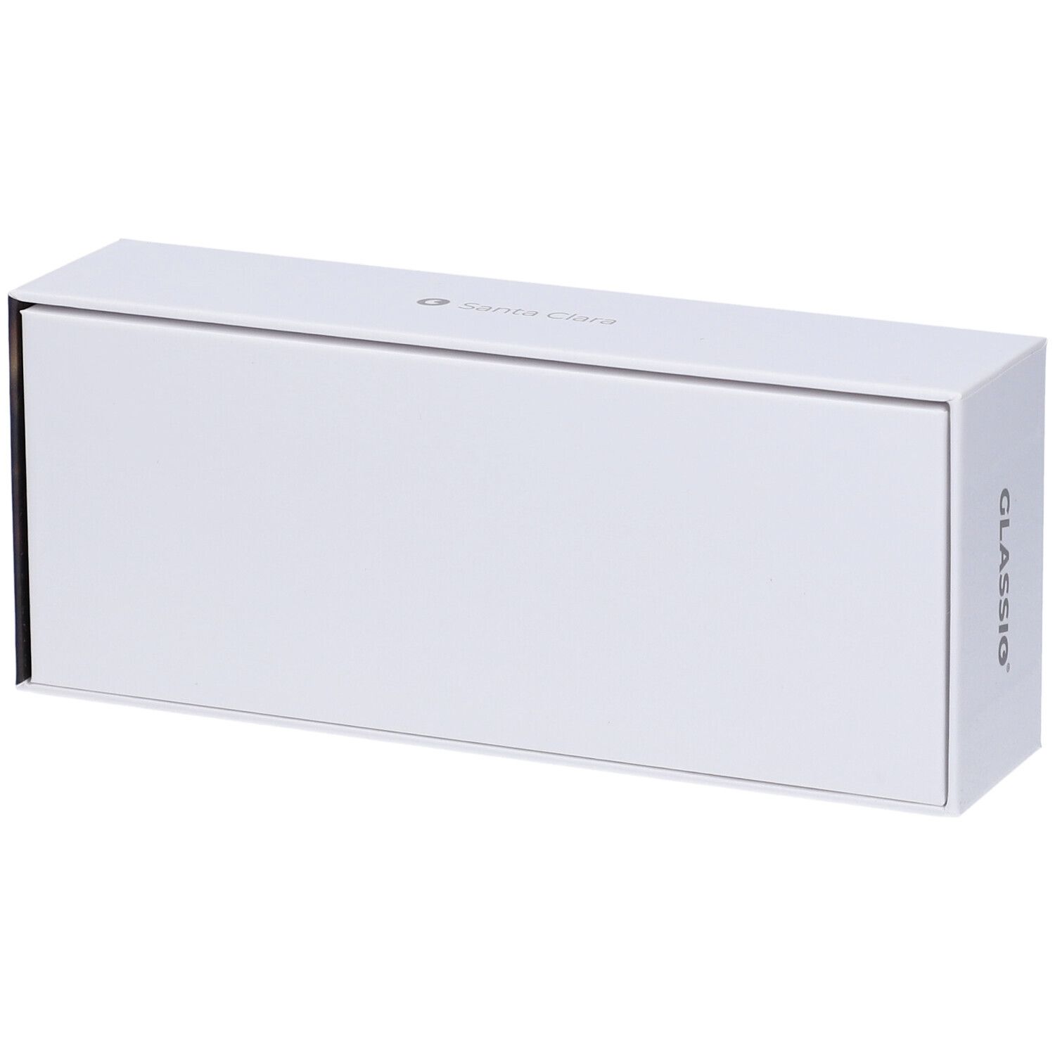 Astuccio bianco per occhiali con scritta Santa Clara. Scritta GLASSIO. Forma rettangolare.