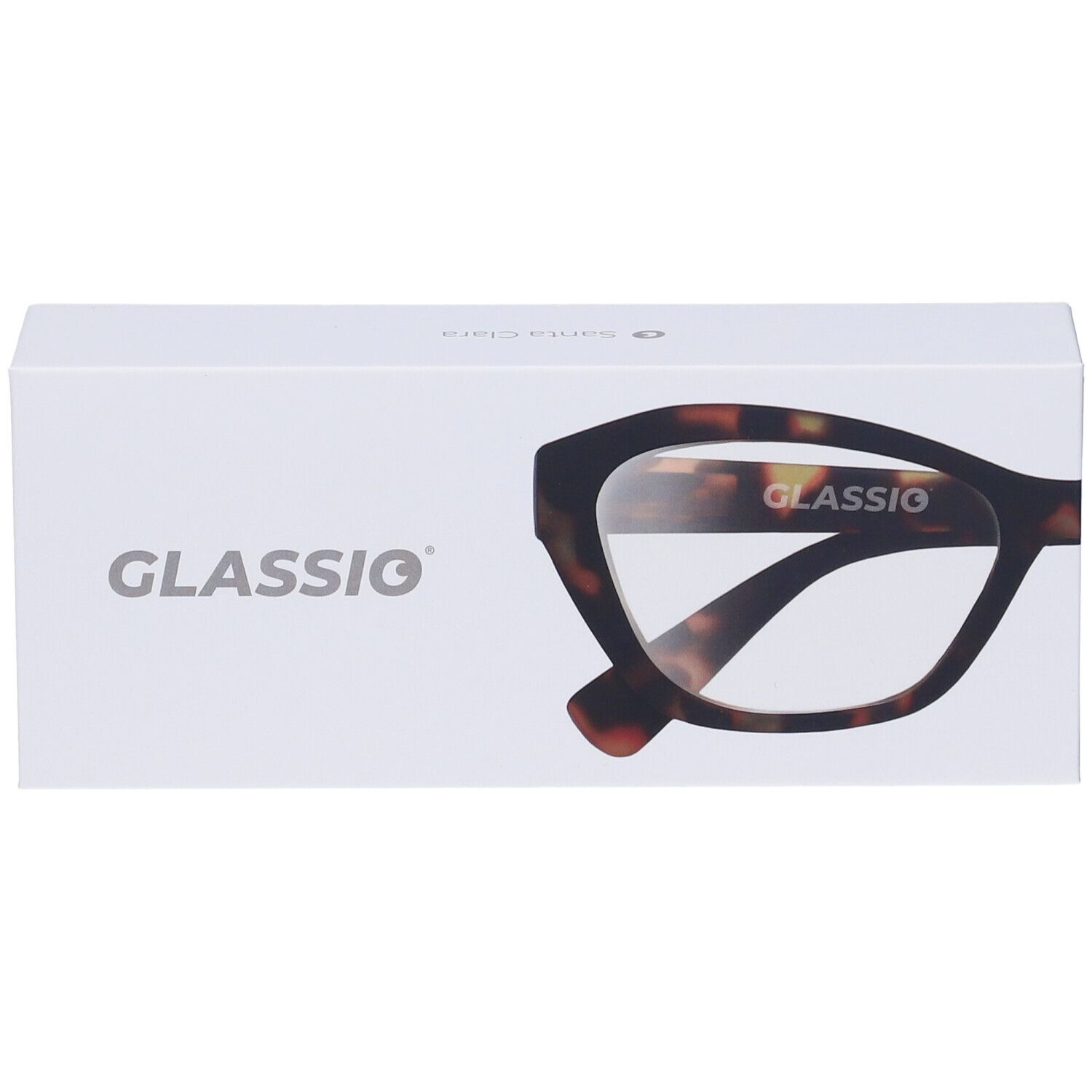 Astuccio bianco per occhiali con logo GLASSIO e immagine. Fantasia tartarugata. Scritta Santa Clara.