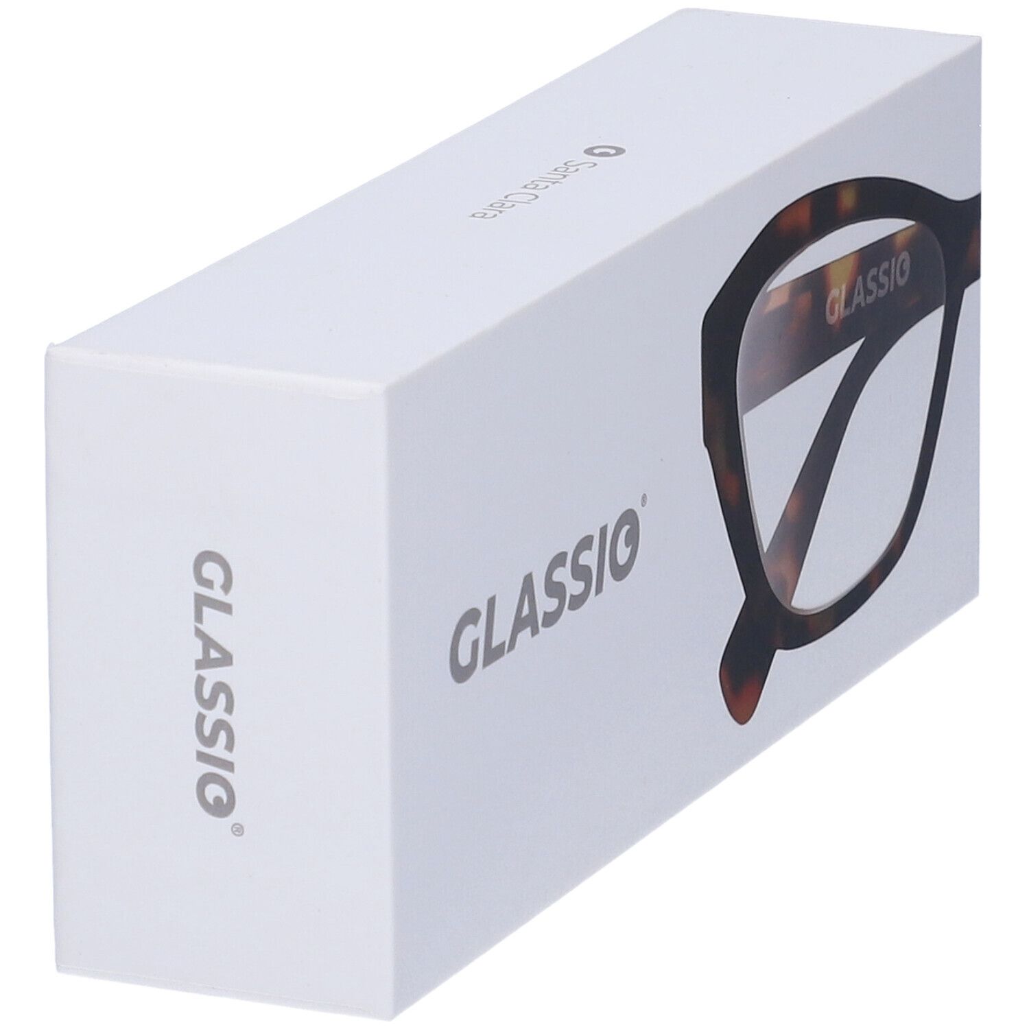 Confezione bianca con logo Glassio e disegno degli occhiali. Gli occhiali sono di colore tartarugato.