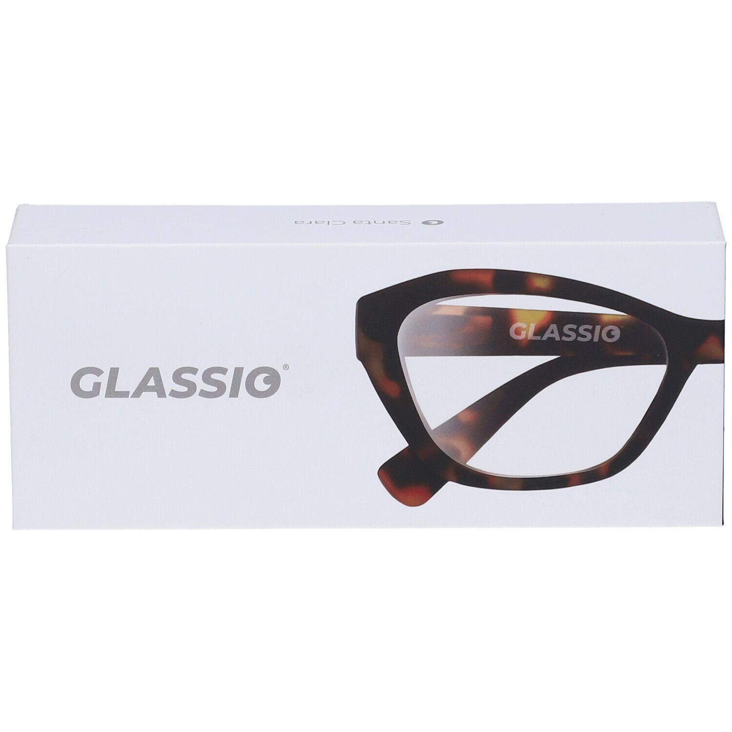 Confezione bianca con logo Glassio e disegno degli occhiali. Gli occhiali sono di colore tartarugato.