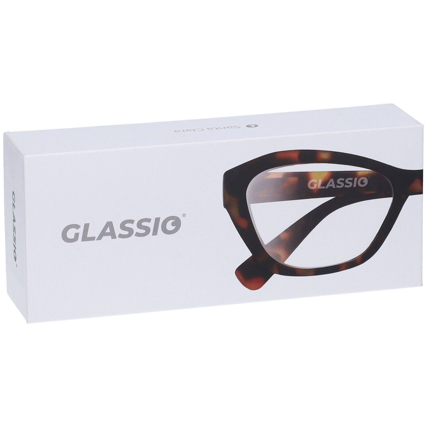 Confezione bianca con logo Glassio e disegno degli occhiali. Gli occhiali sono di colore tartarugato.