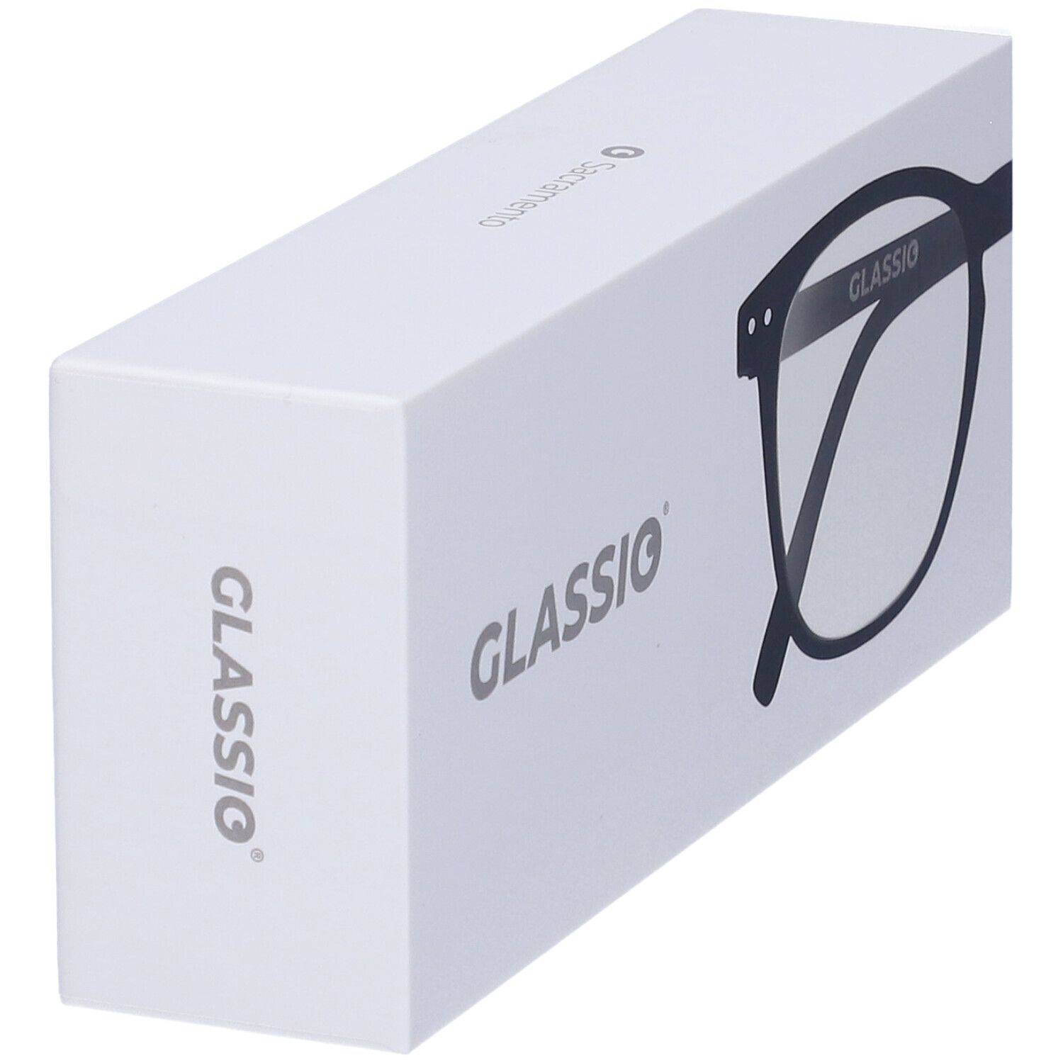 Confezione bianca con logo Glassio e illustrazione occhiali. Vista prospettica.