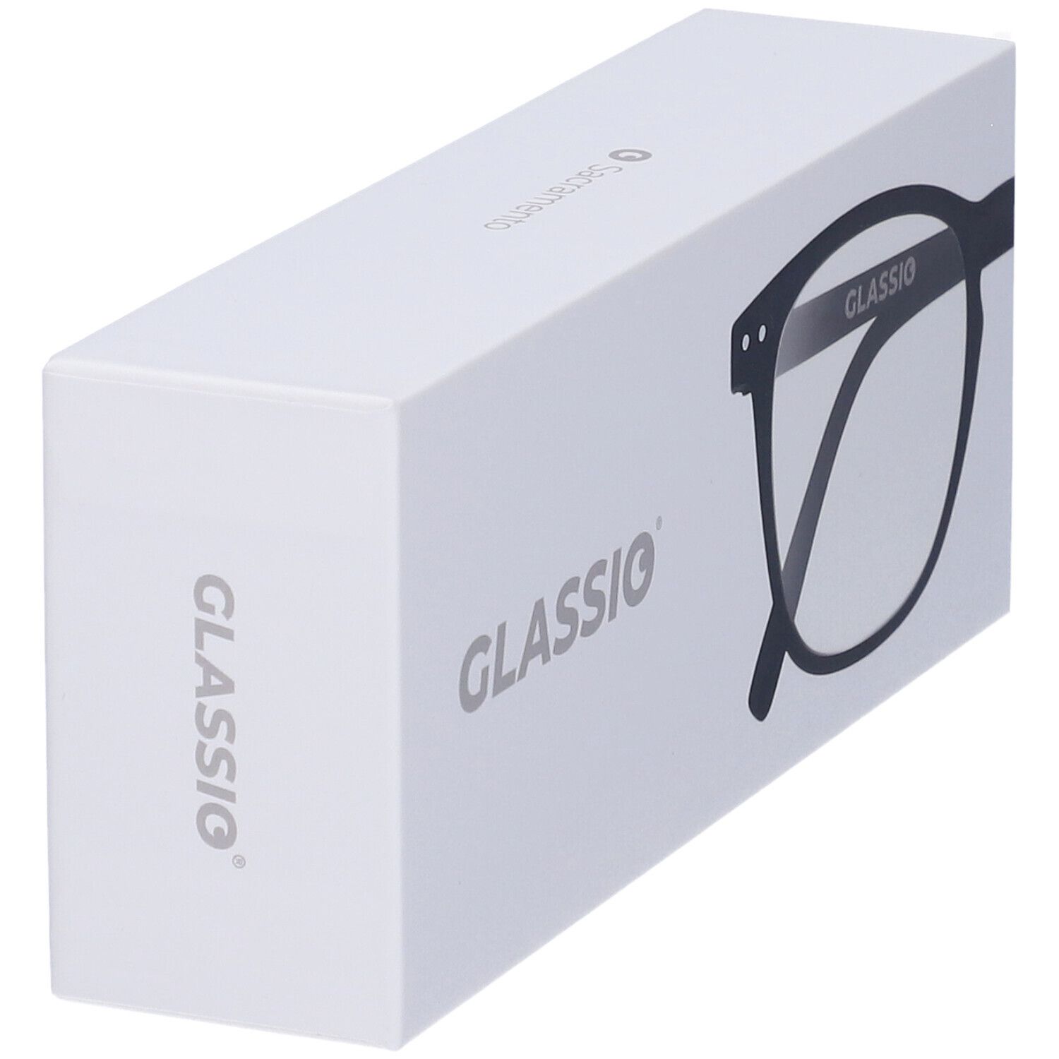 Confezione bianca con scritta 'Glassio'. Illustrazione occhiali visibile.