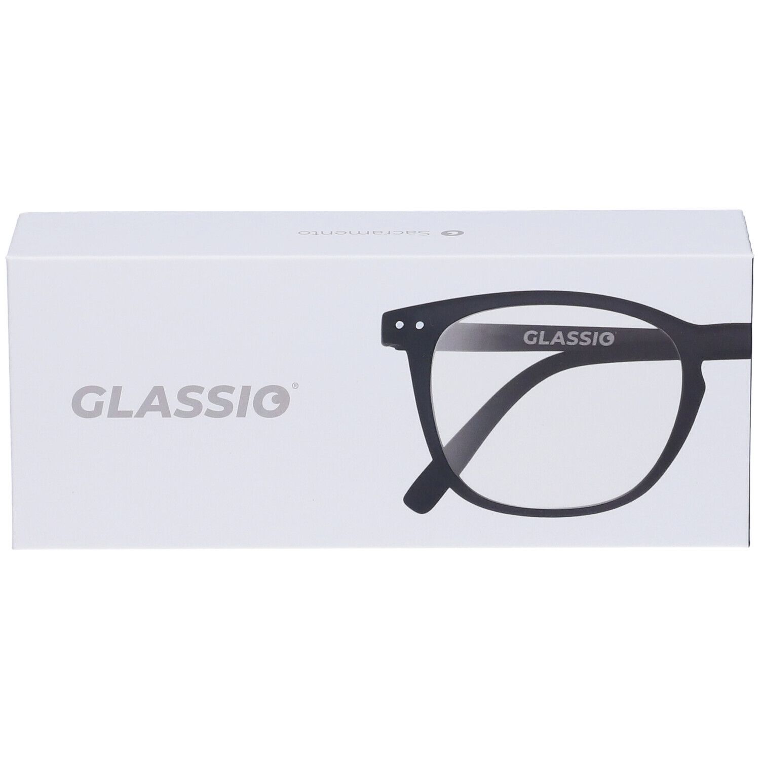 Confezione bianca con illustrazione occhiali e scritta 'Glassio'. Occhiali neri visibili.