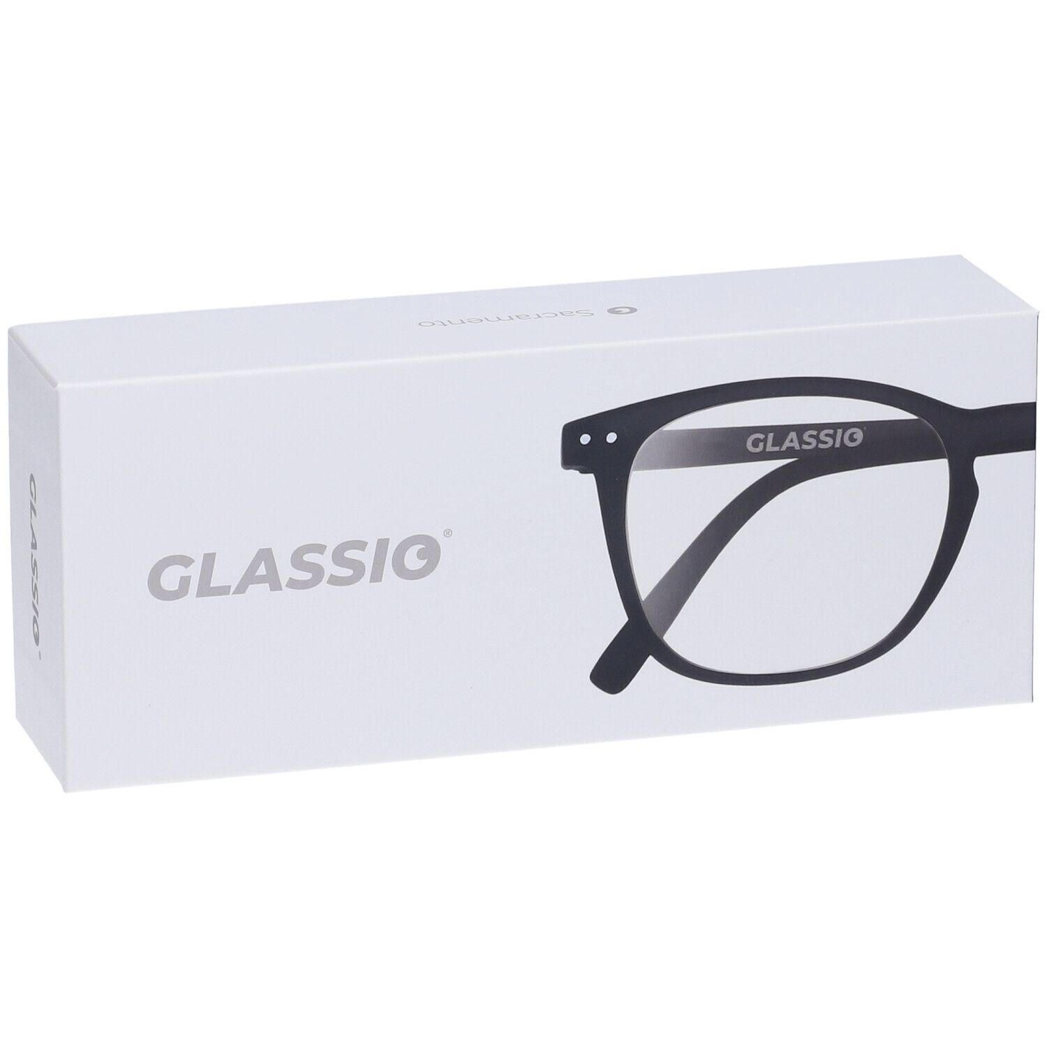 Confezione bianca con illustrazione occhiali e scritta 'Glassio'. Occhiali neri visibili.