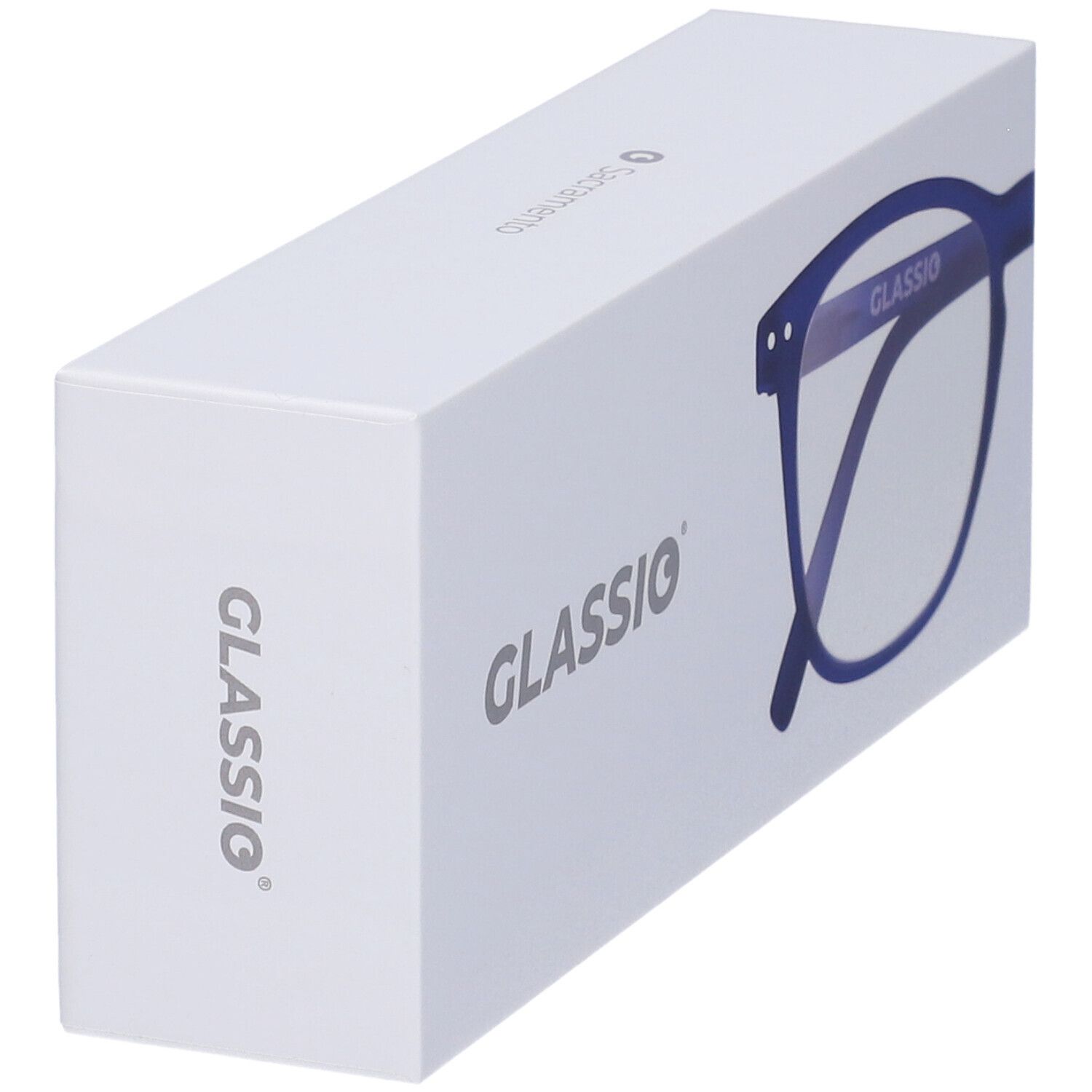 Confezione rettangolare bianca con scritta GLASSio. Sul lato è raffigurato un contorno di occhiali blu.