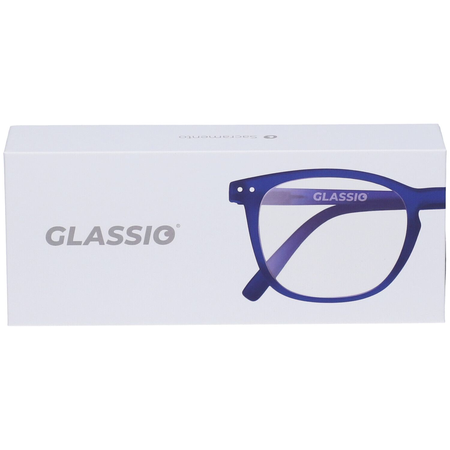 Confezione bianca con contorno occhiali blu e scritta GLASSio. Stampata la gradazione +1,0.
