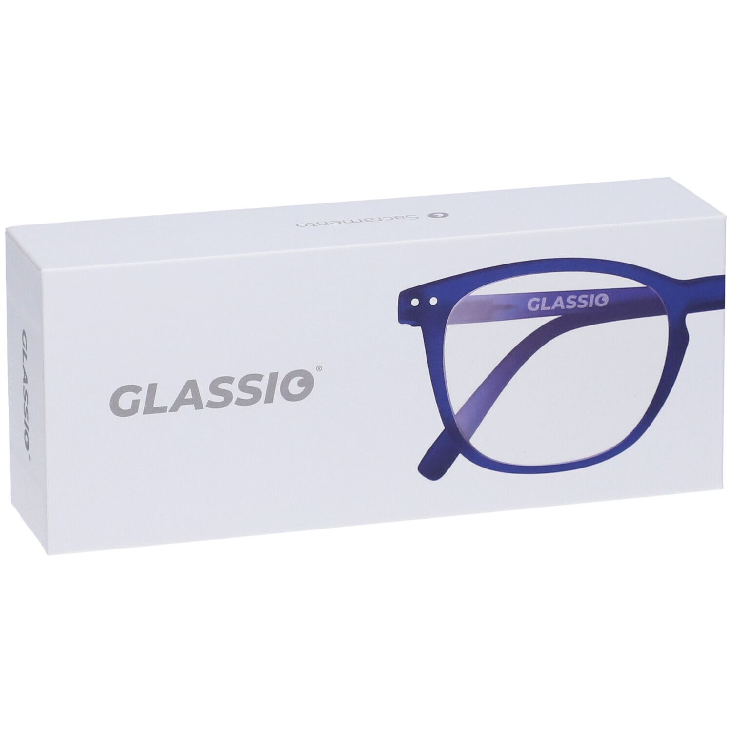 Confezione bianca con contorno occhiali blu e scritta GLASSio. L'occhiale è parzialmente visibile.