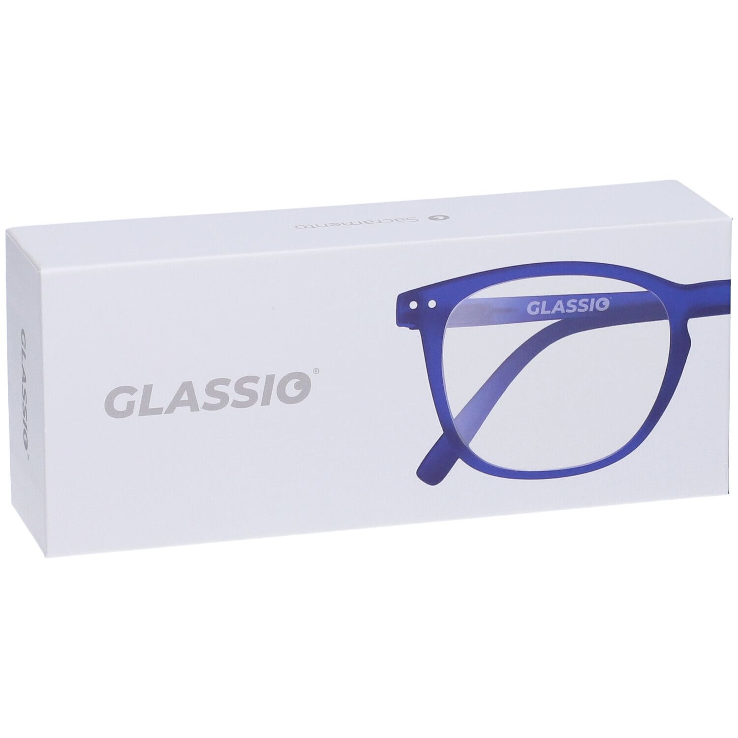 Astuccio con occhiali. Occhiali blu con +1,5 diottrie. GLASSio è scritto sulla confezione.