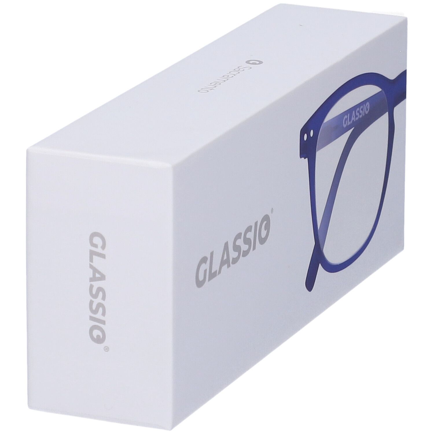 Confezione bianca con marchio GLASSio. Mostra occhiali blu. Il nome GLASSio è visibile sulla confezione.