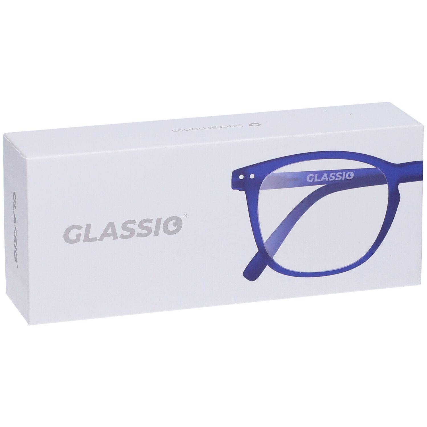 Confezione bianca con occhiali blu. Il nome GLASSio è sugli occhiali e sulla confezione. Occhiali con montatura blu.
