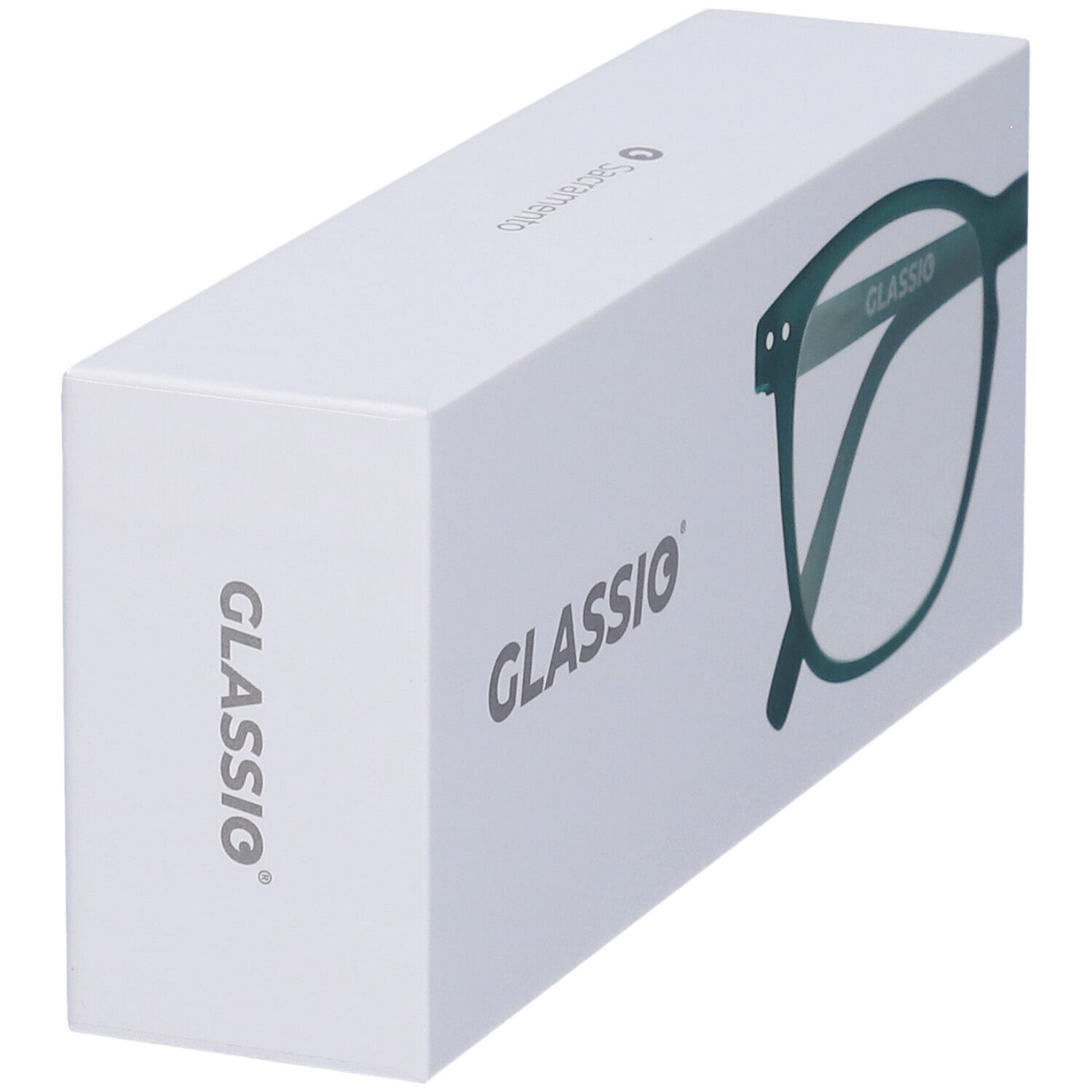Confezione bianca con scritta GLASSio e contorno occhiali. Vista prospettica.