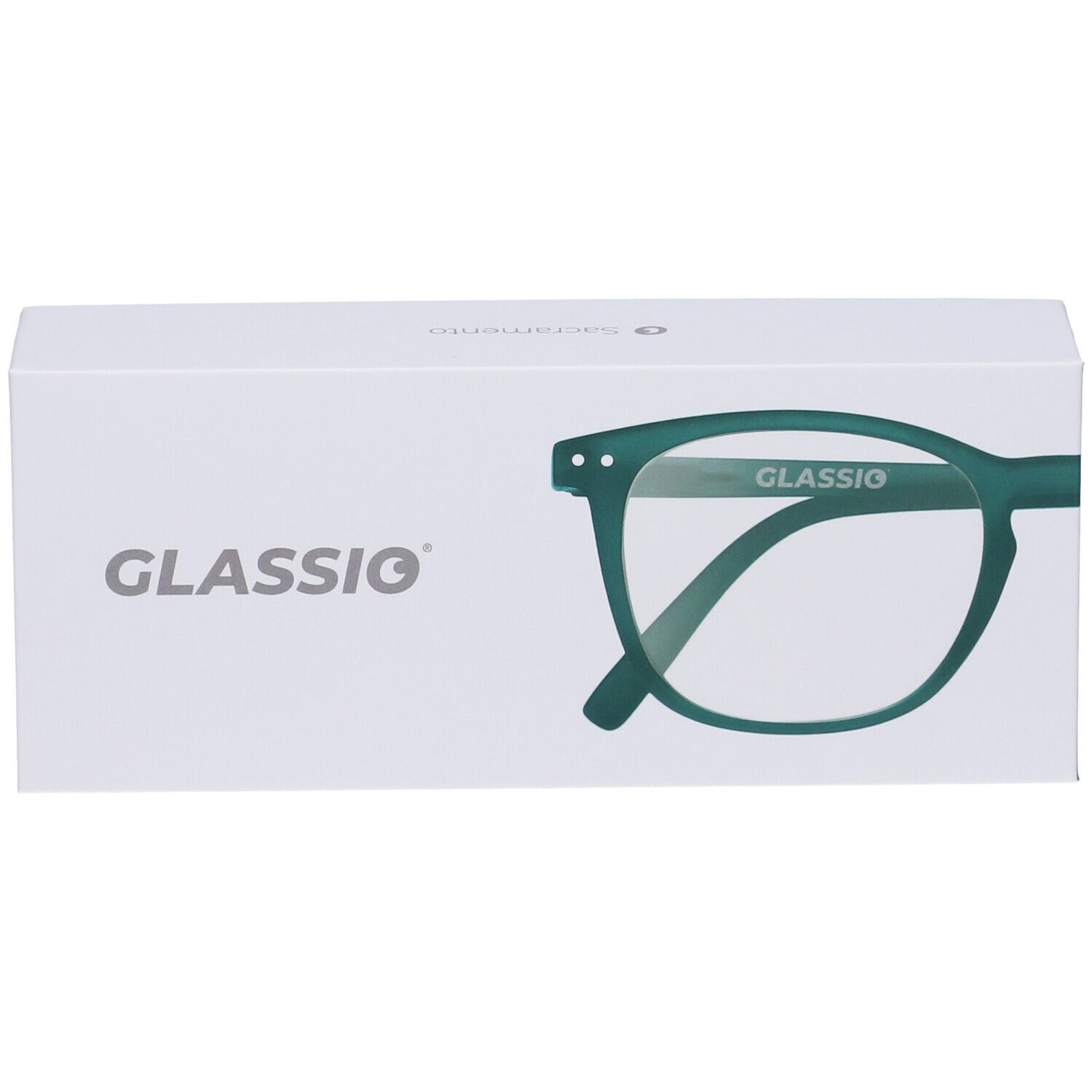 Confezione bianca con scritta GLASSio e contorno occhiali. Vista prospettica.
