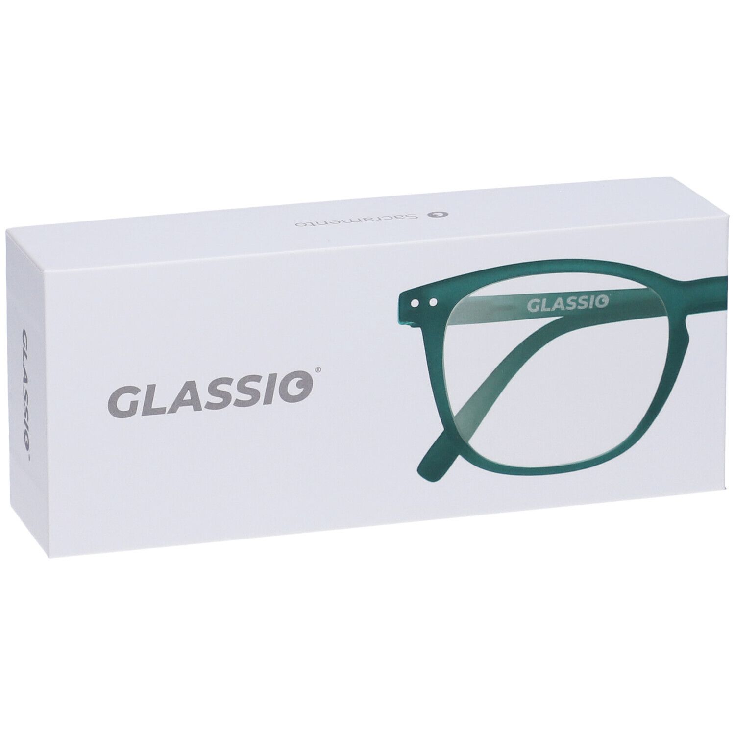 Confezione bianca con scritta GLASSio e contorno occhiali. Vista prospettica.