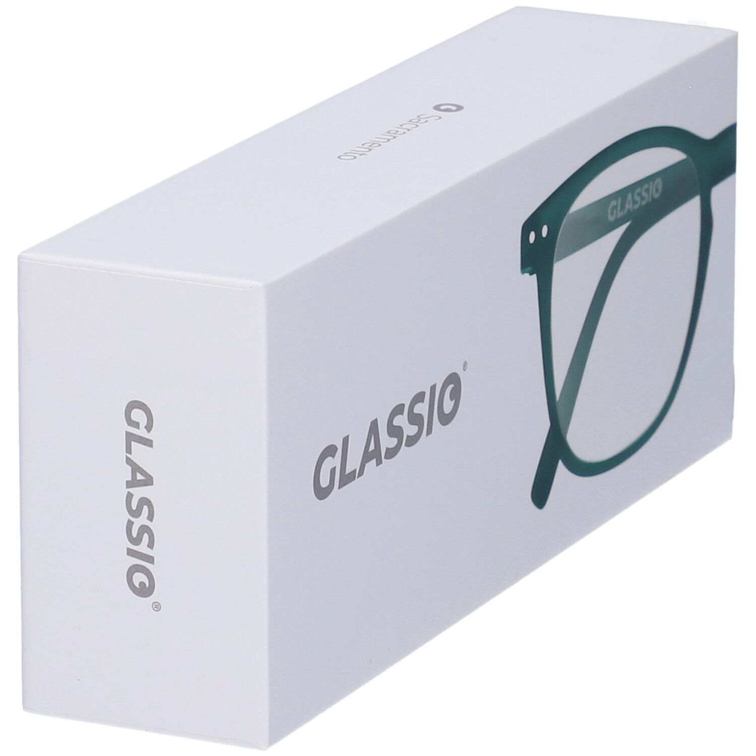 Scatola bianca con scritta GLASSIO. Gli occhiali sono verdi.
