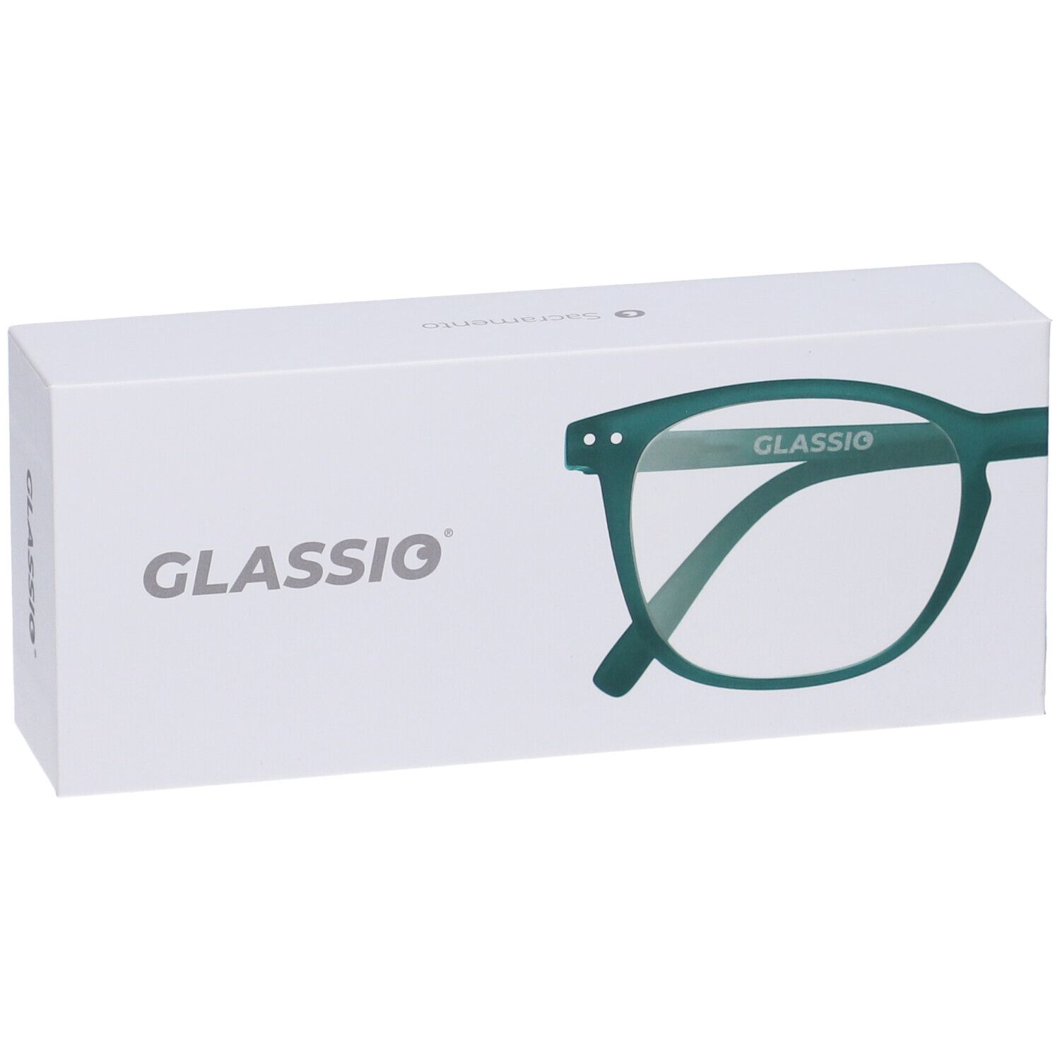Scatola bianca con illustrazione di occhiali verdi e scritta GLASSIO.
