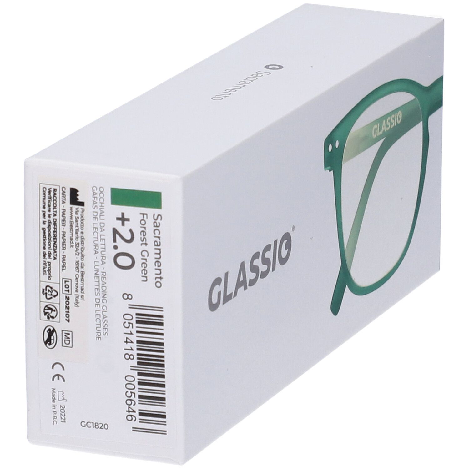Confezione con occhiali. Scritta: Sacramento Forest Green +2.0. Codice a barre e altre informazioni. Logo GLASSio.