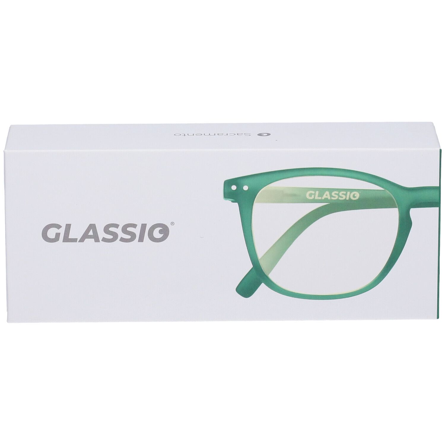 Occhiali in confezione. Occhiali verdi con scritta GLASSio. Confezione bianca con scritta GLASSio.