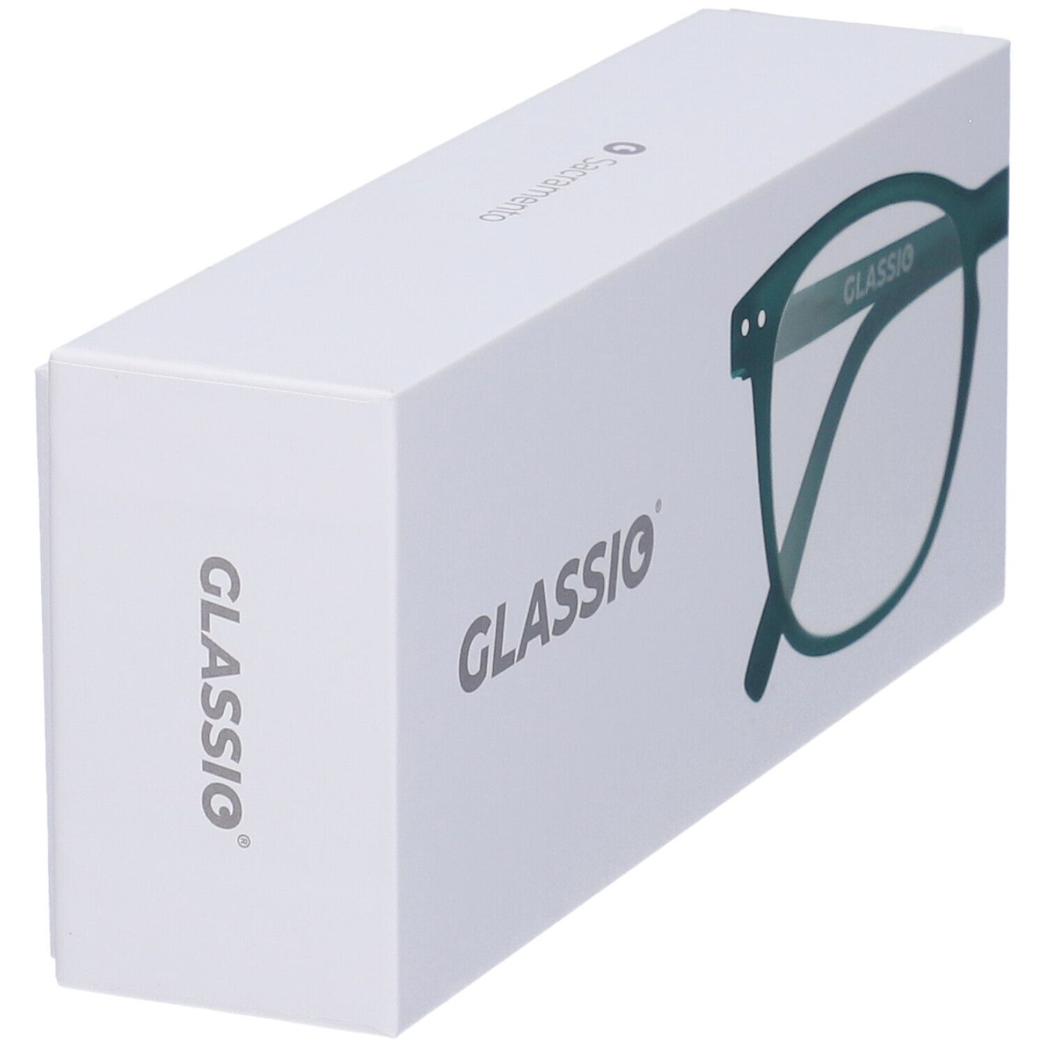 Confezione bianca con scritta GLASSIO. Contorno occhiali sul lato. Nome del prodotto non visibile.