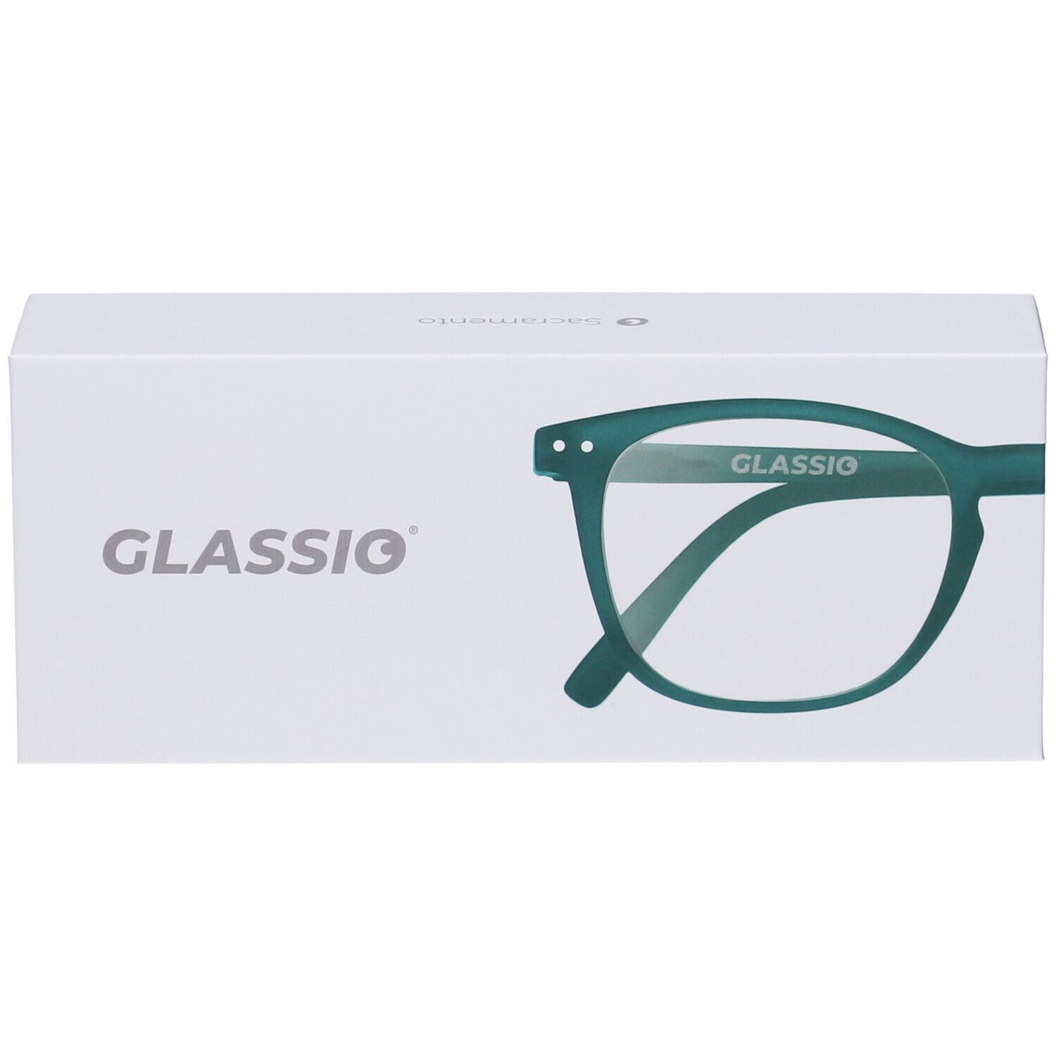 Confezione bianca con contorno occhiali verdi. Scritta GLASSIO. Occhiali Sacramento Forest Green.