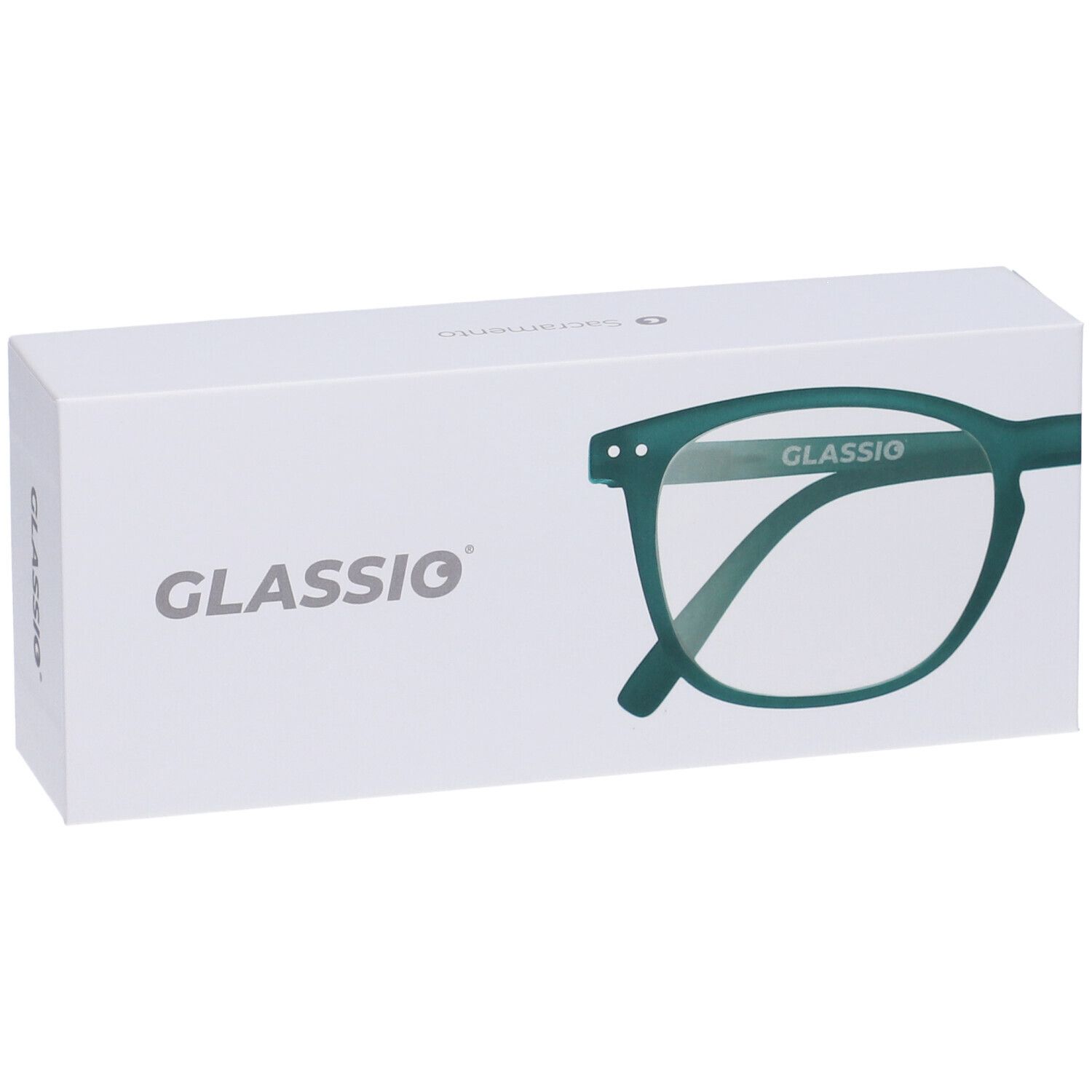 Confezione bianca con contorno occhiali verdi. Scritta GLASSIO. Occhiali Sacramento Forest Green.