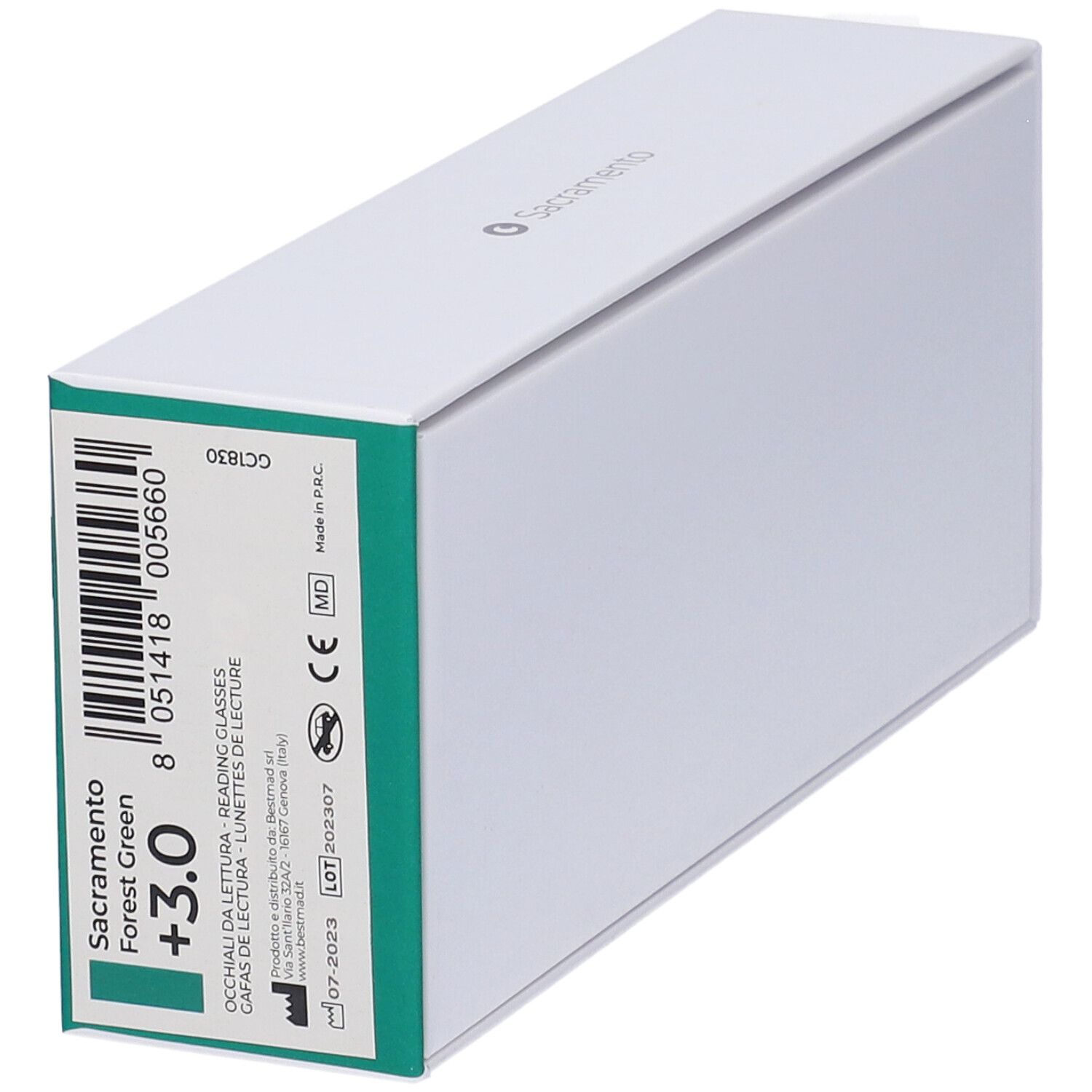 Confezione bianca con dettagli verdi. Scritta "Sacramento Forest Green +3.0".