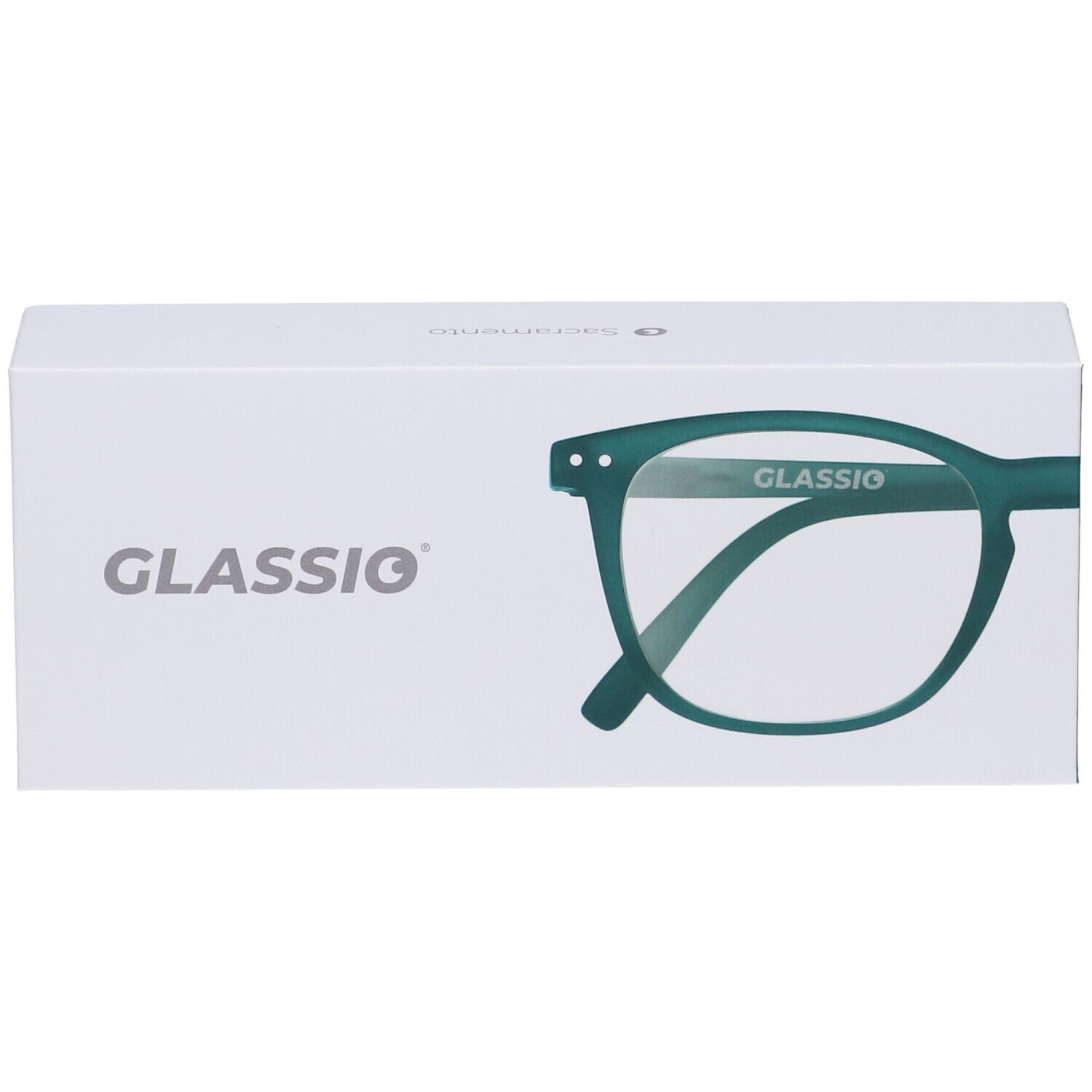 Confezione bianca con occhiali verdi. Scritta "GLASSio". Occhiali parzialmente visibili.