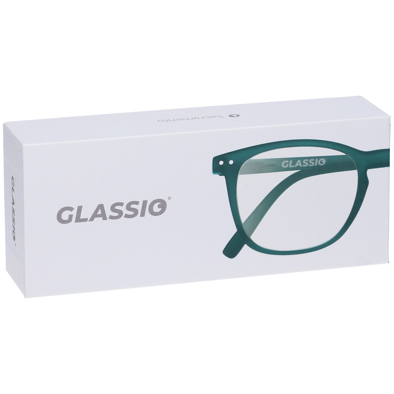 Confezione bianca con occhiali verdi. Scritta "GLASSio". Occhiali parzialmente visibili.