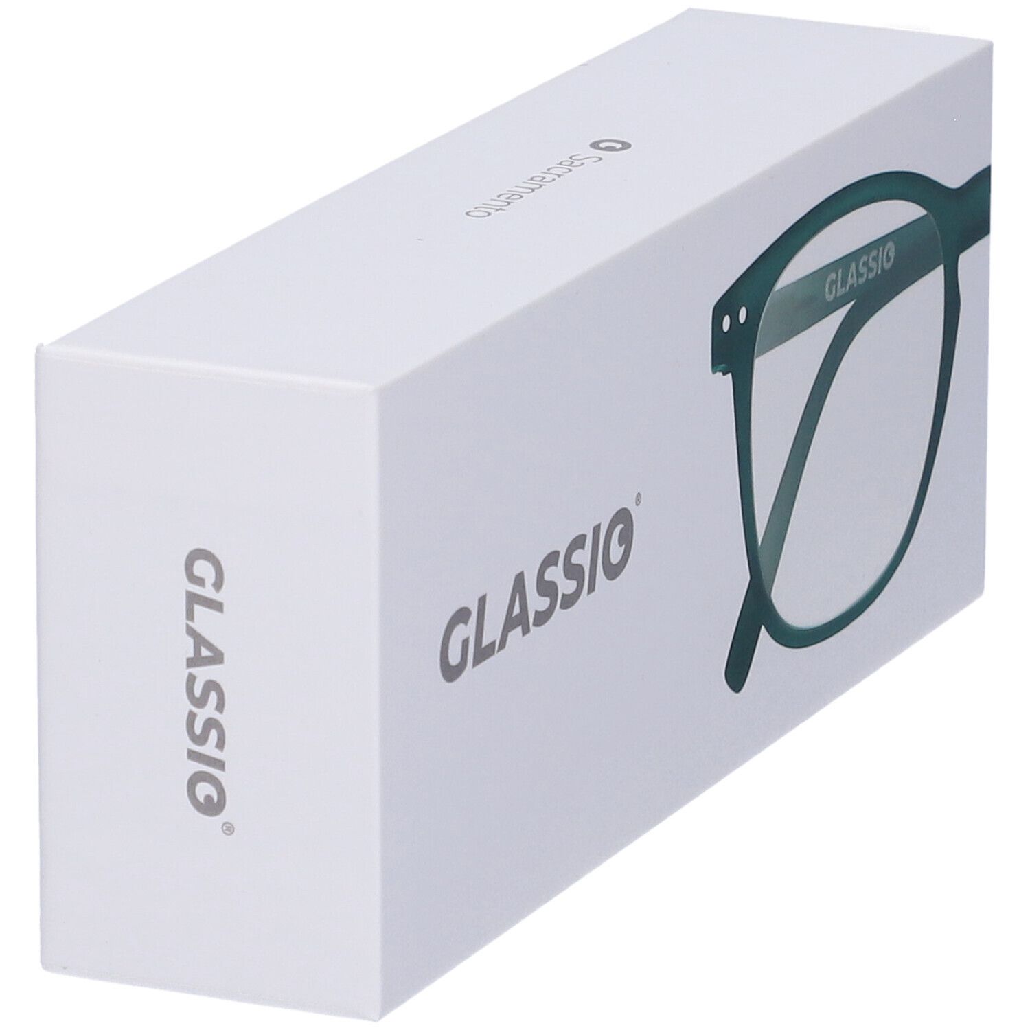 Confezione bianca con contorno occhiali verdi. Stampa: GLASSIO. Vista prospettica della confezione.