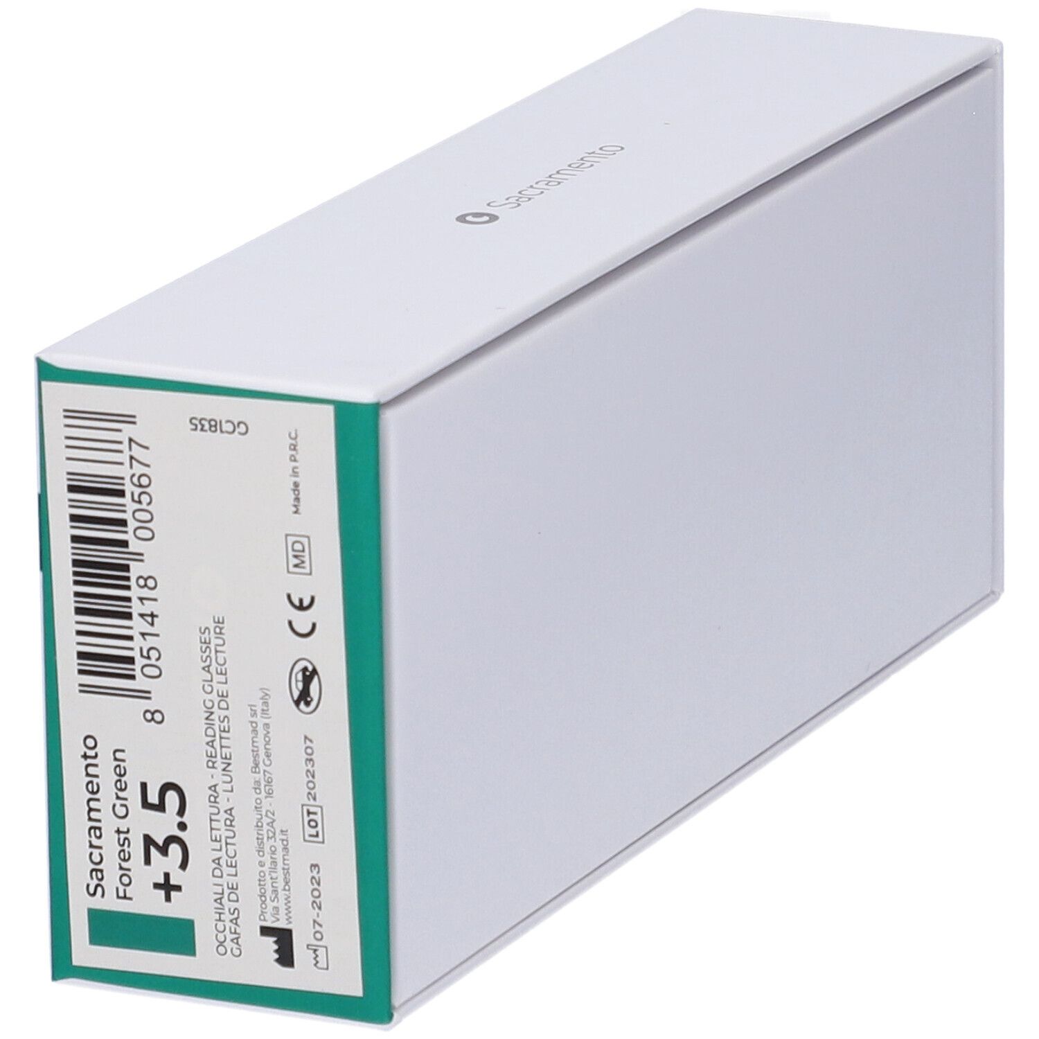 Confezione bianca con codice a barre e testo. Stampa: Sacramento Forest Green +3.5. Lati verdi.