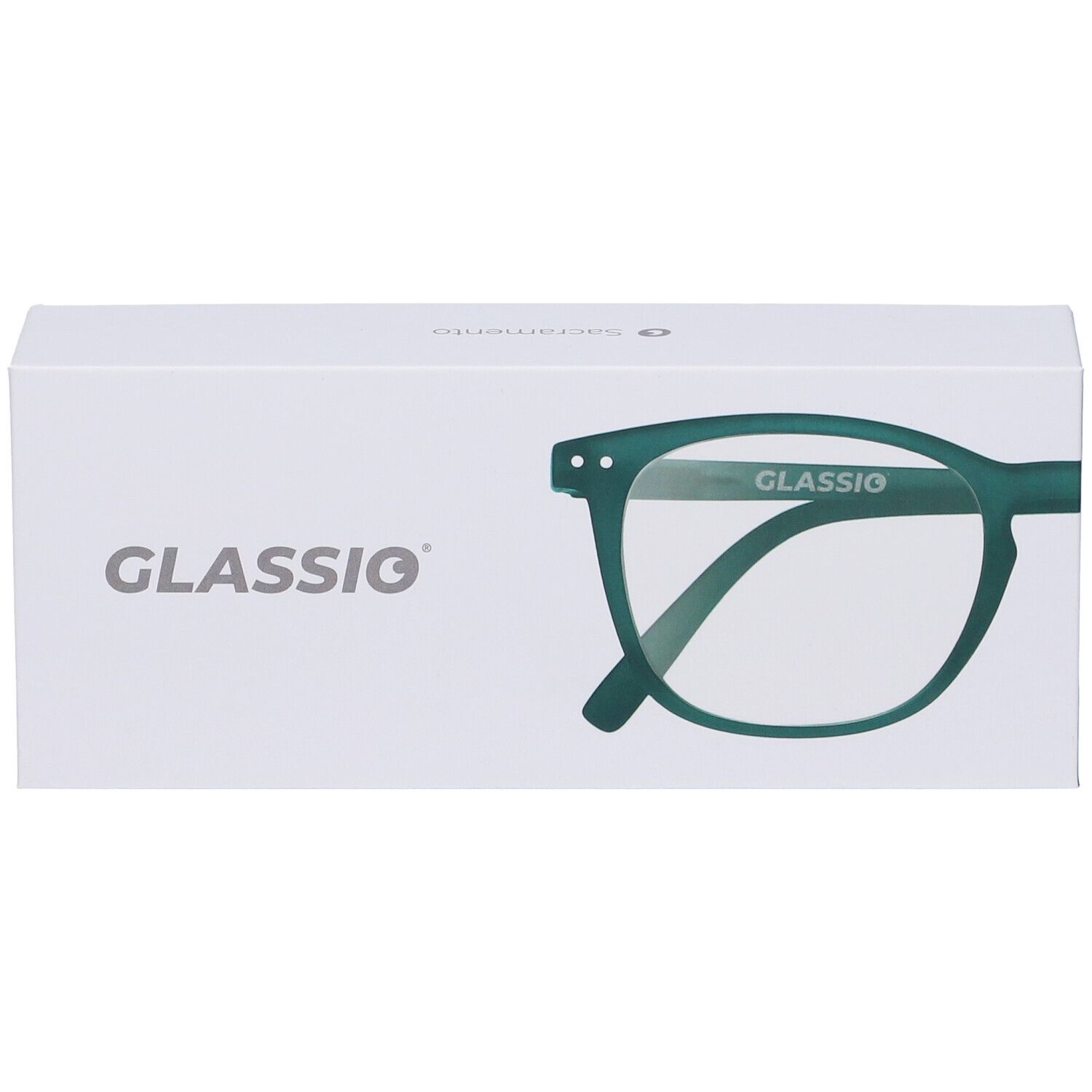 Confezione bianca con contorno occhiali verdi. Stampa: GLASSIO. Vista prospettica della confezione.