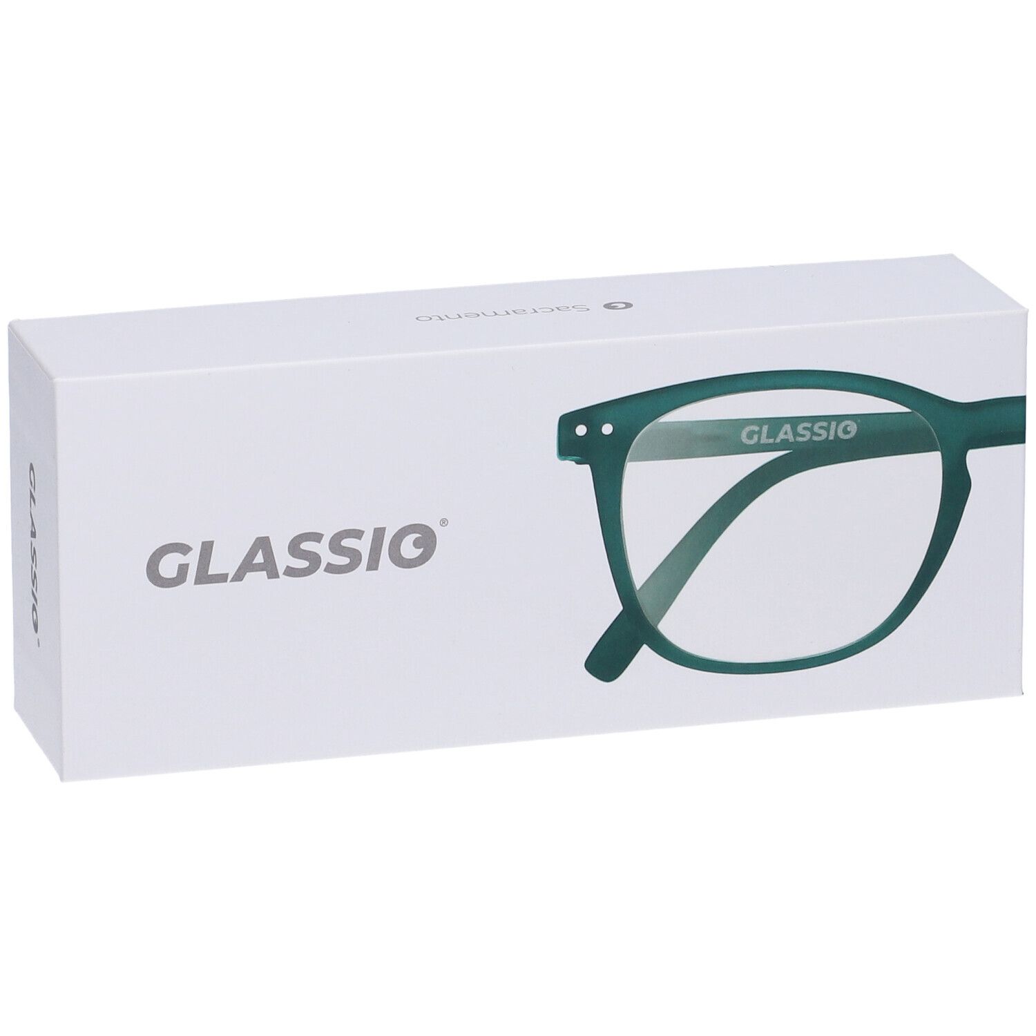 Confezione bianca con contorno occhiali verdi. Stampa: GLASSIO. Vista prospettica della confezione.