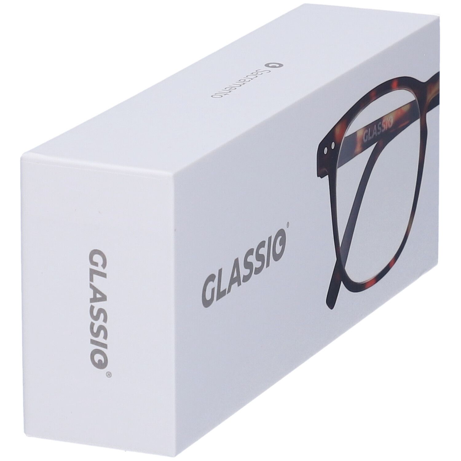 Confezione bianca con occhiali. "GLASSio" visibile. Montatura occhiali effetto tartarugato.