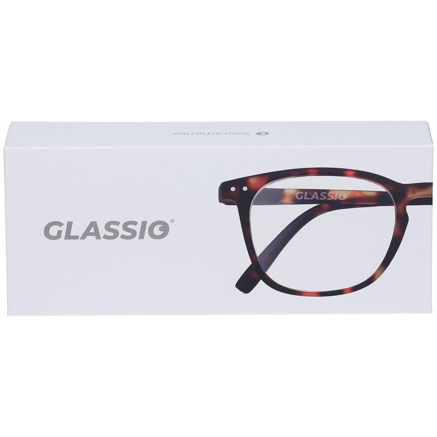 Occhiali in confezione bianca. Logo "GLASSio" e modello di occhiali visibili. Montatura occhiali effetto tartarugato.