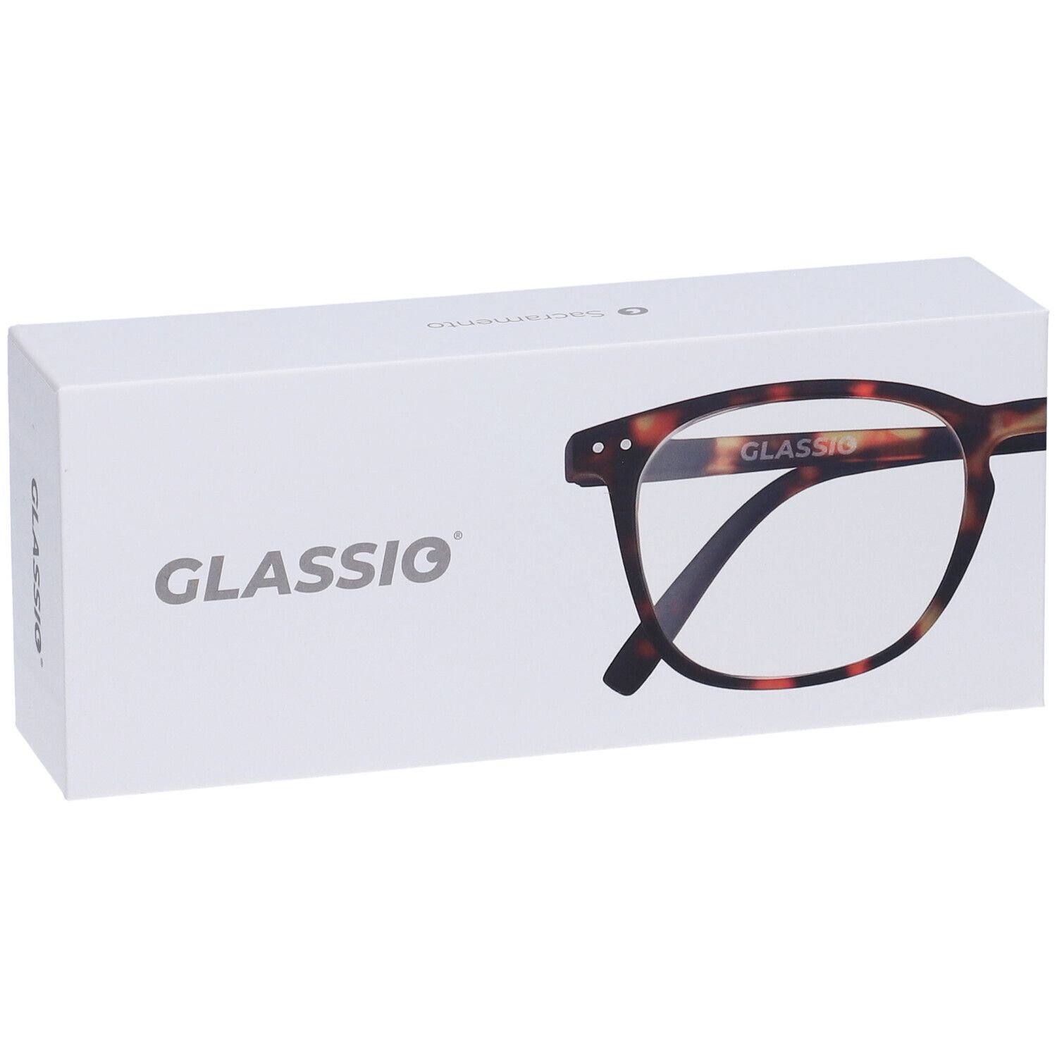 Occhiali in confezione bianca. Logo "GLASSio" e modello di occhiali visibili. Montatura occhiali effetto tartarugato.